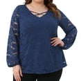 thumbnail image 1 of DARING DIVA Women's Plus Lace Sheer Long Sleeves Cross V Neck Blouse 1X Royal Blue, 1 of 6