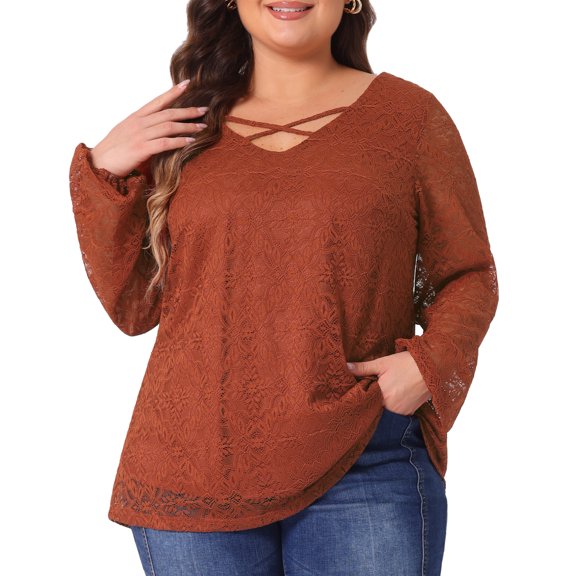 DARING DIVA Women's Plus Lace Sheer Long Sleeves Cross V Neck Blouse 4X Brick Red