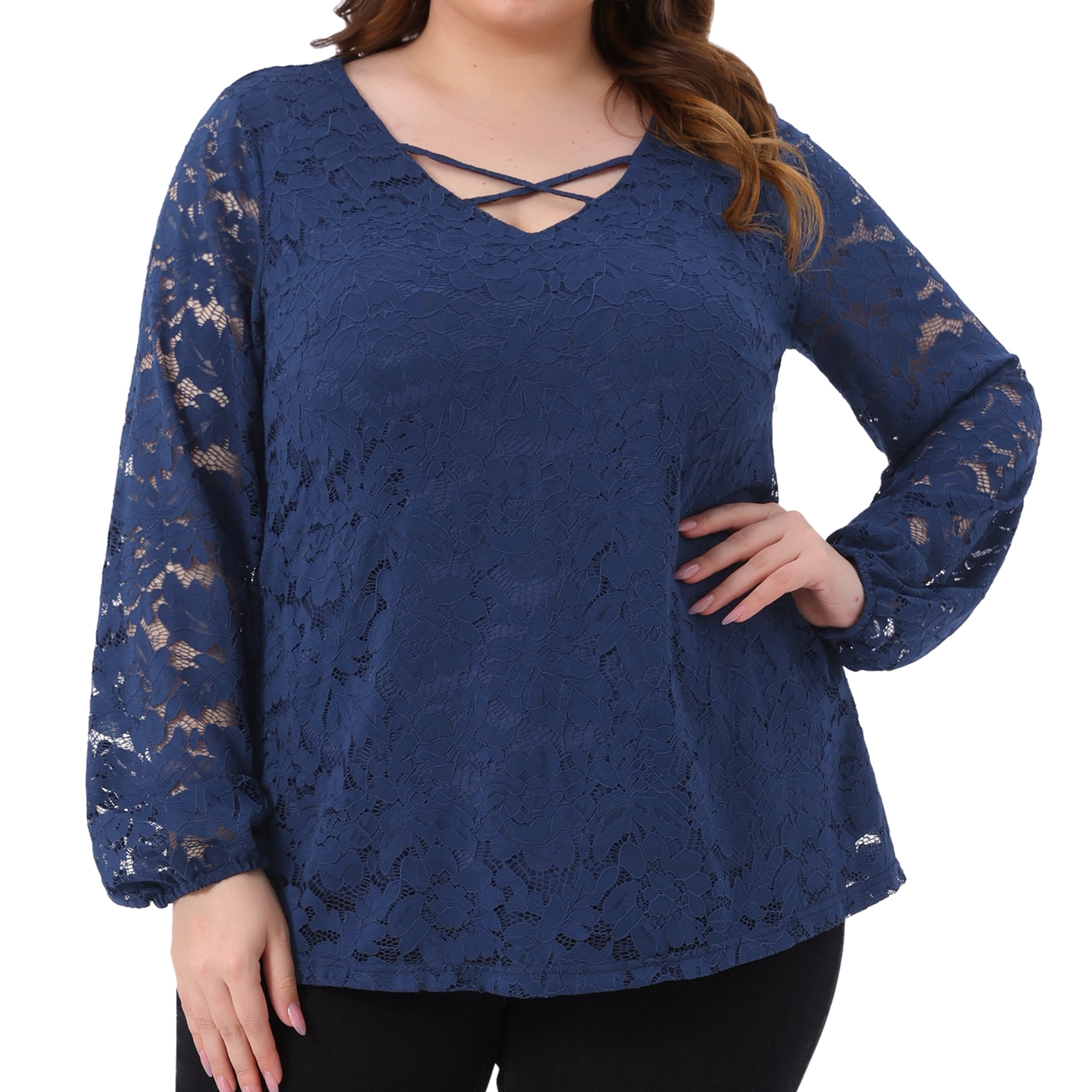 Women's Plus Lace Blouse Cross V Neck Sheer Double Layers Long Sleeve Shirt Tops 4X Royal Blue