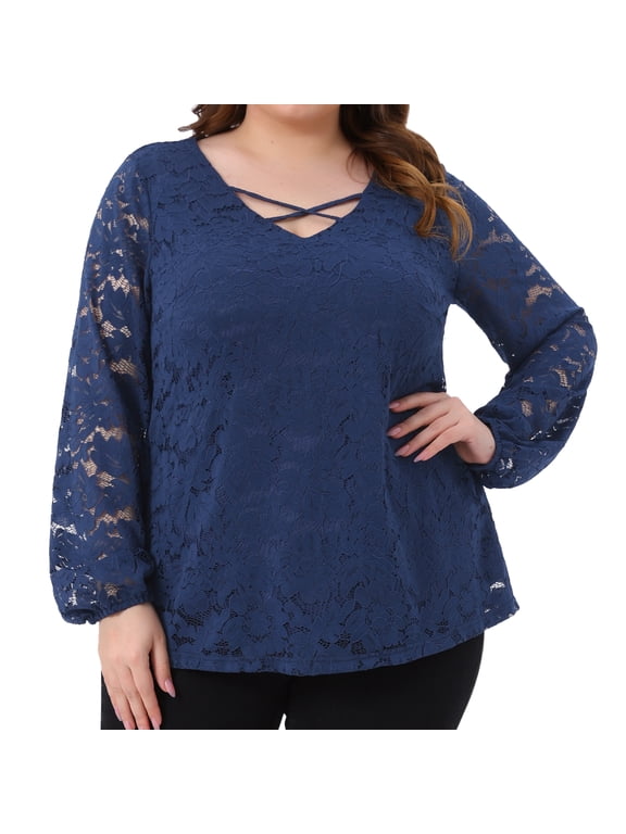 Women's Plus Lace Blouse Cross V Neck Sheer Double Layers Long Sleeve Shirt Tops 4X Royal Blue