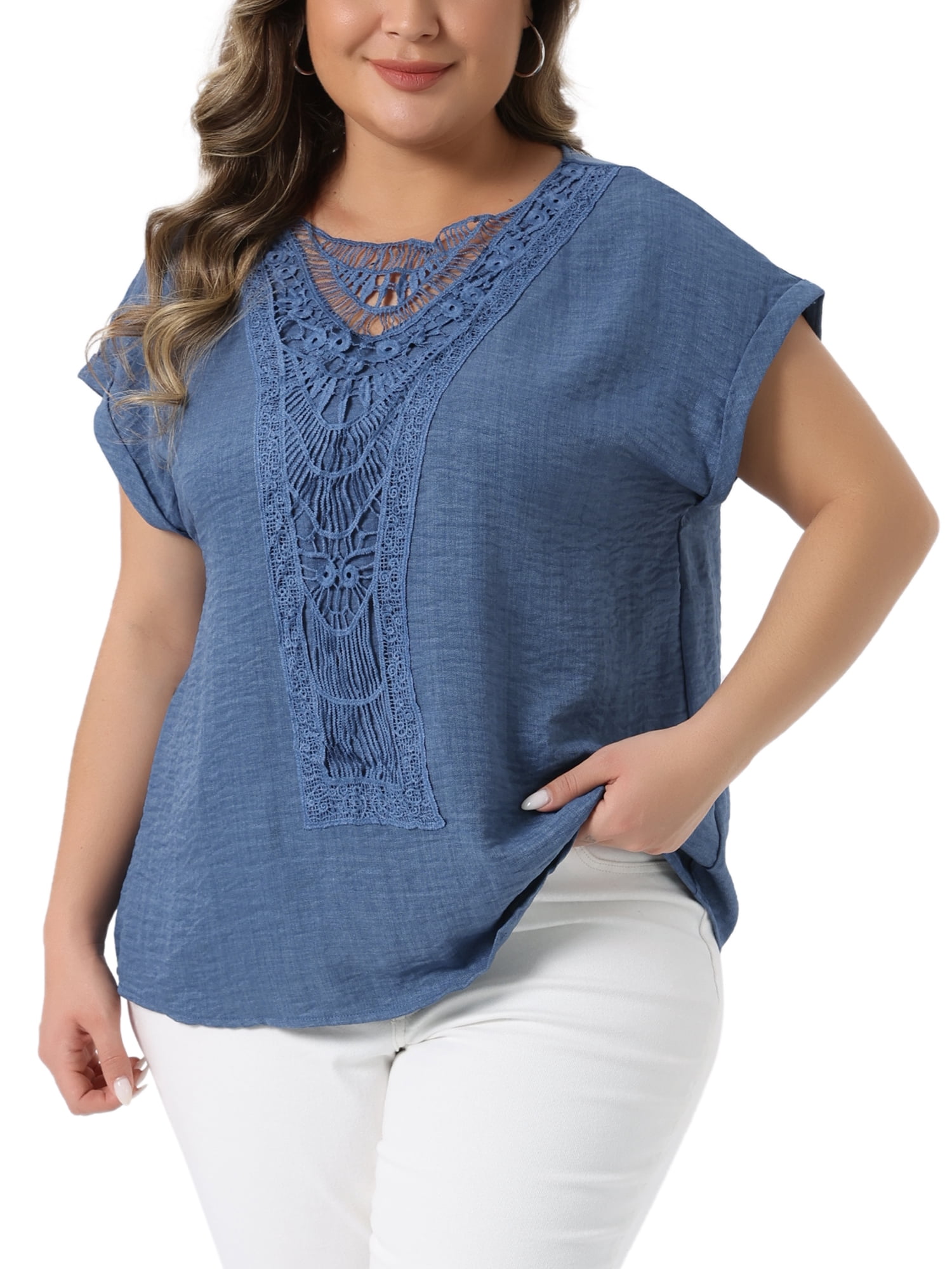 DARING DIVA Women's Plus Lace Shirts Boho V Neck Crochet Blouse 4X Blue