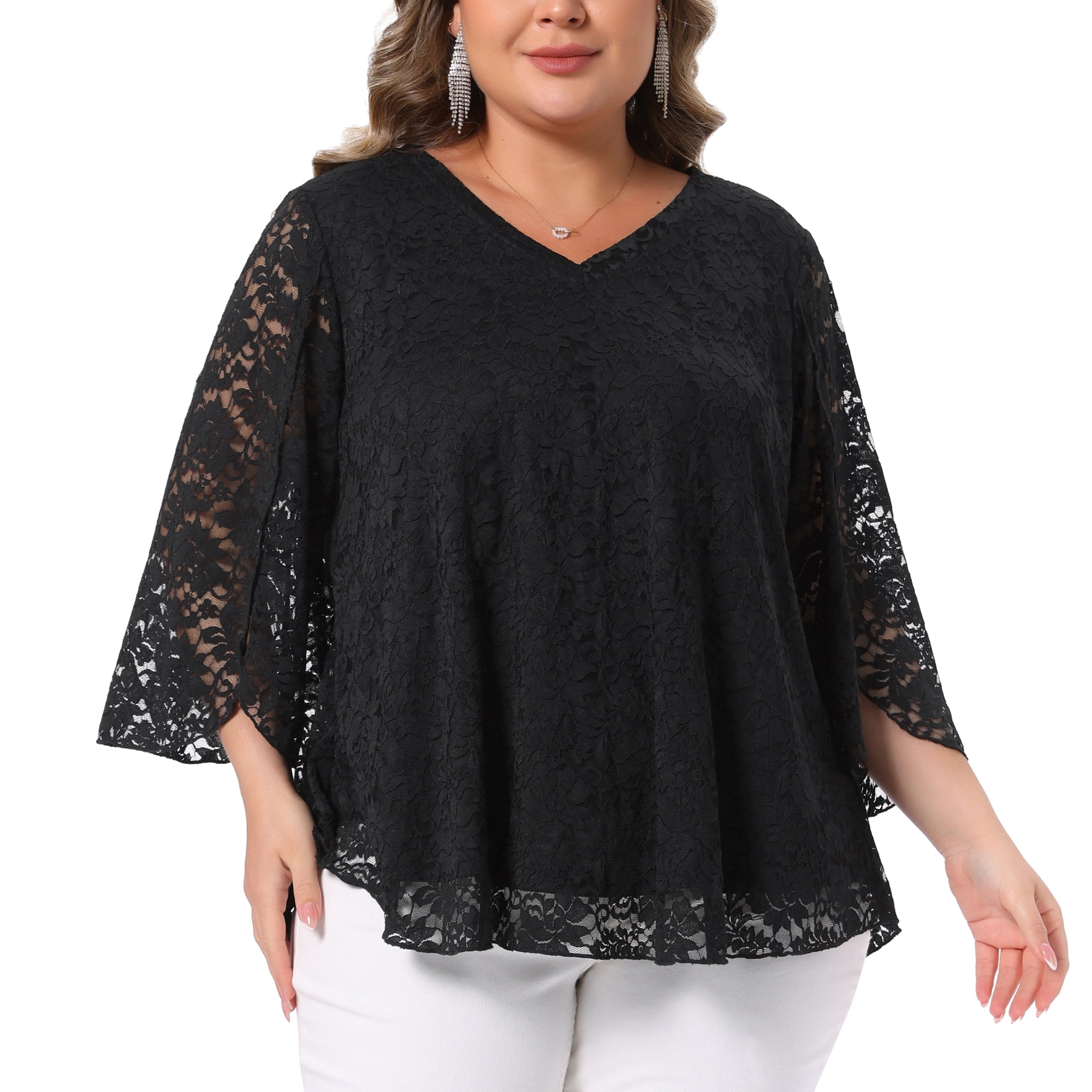 DARING DIVA Women's Plus Lace Top V-Neck Bell Sleeve Blouse Tunics 1X Black