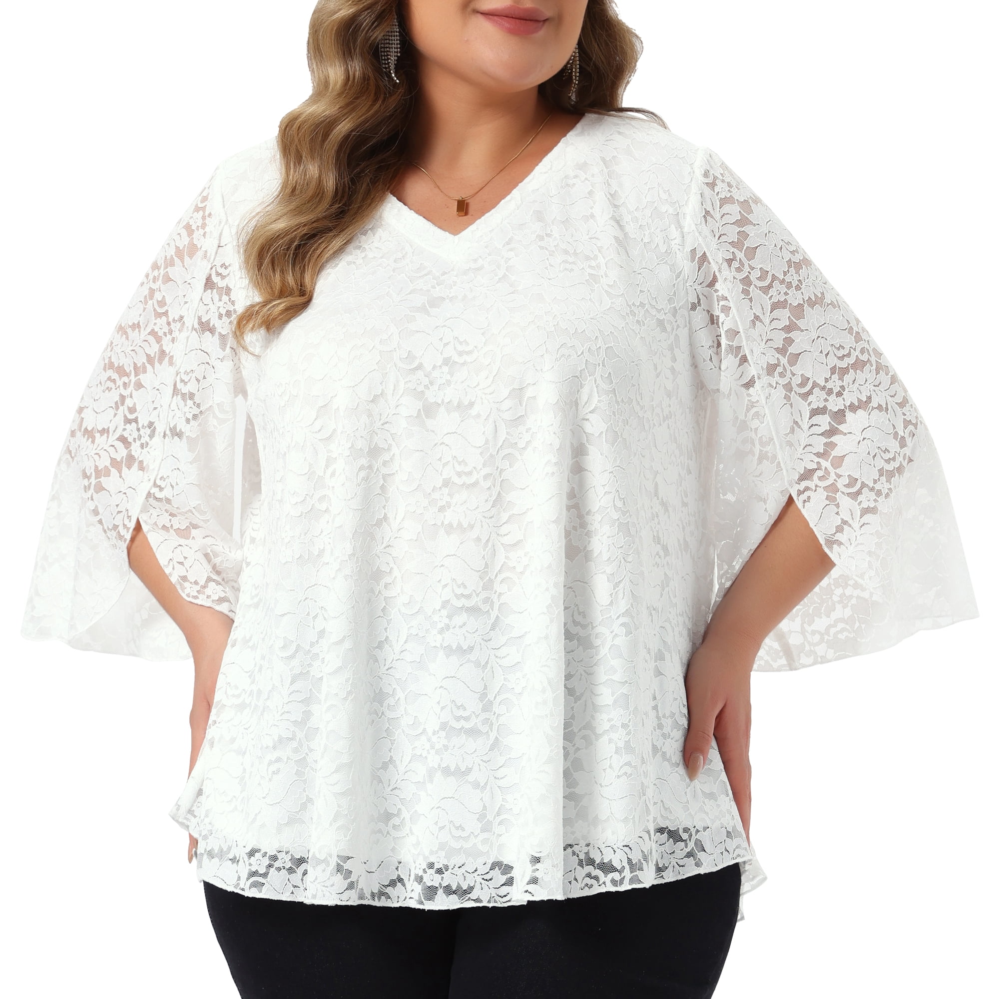 DARING DIVA Women's Plus Lace Top V-Neck Bell Sleeve Blouse Tunics 4X White