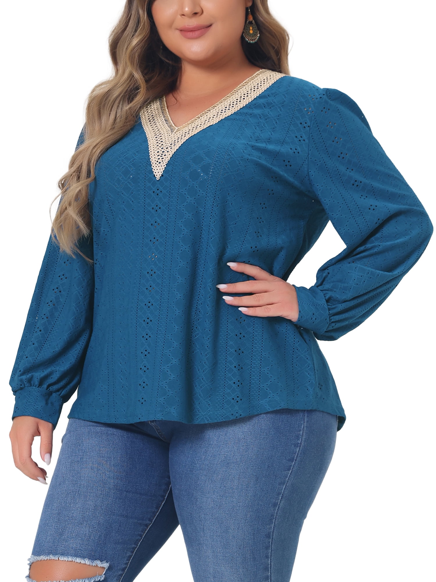 DARING DIVA  Women's Plus Lace V Neck Blouse Casual T Shirt 4X Navy