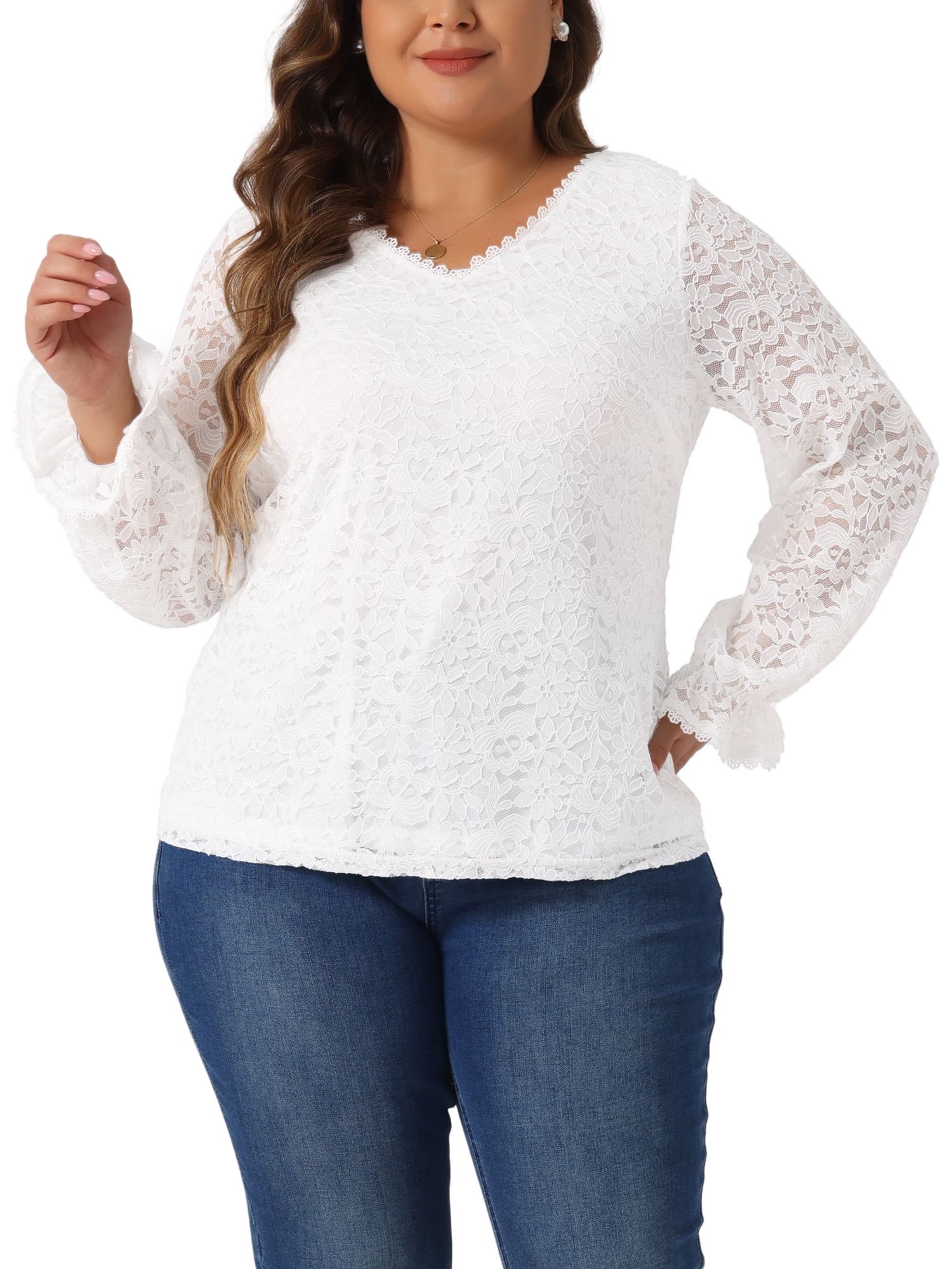 DARING DIVA Women's Plus Lace V Neck Long Sleeve Blouse 3X White