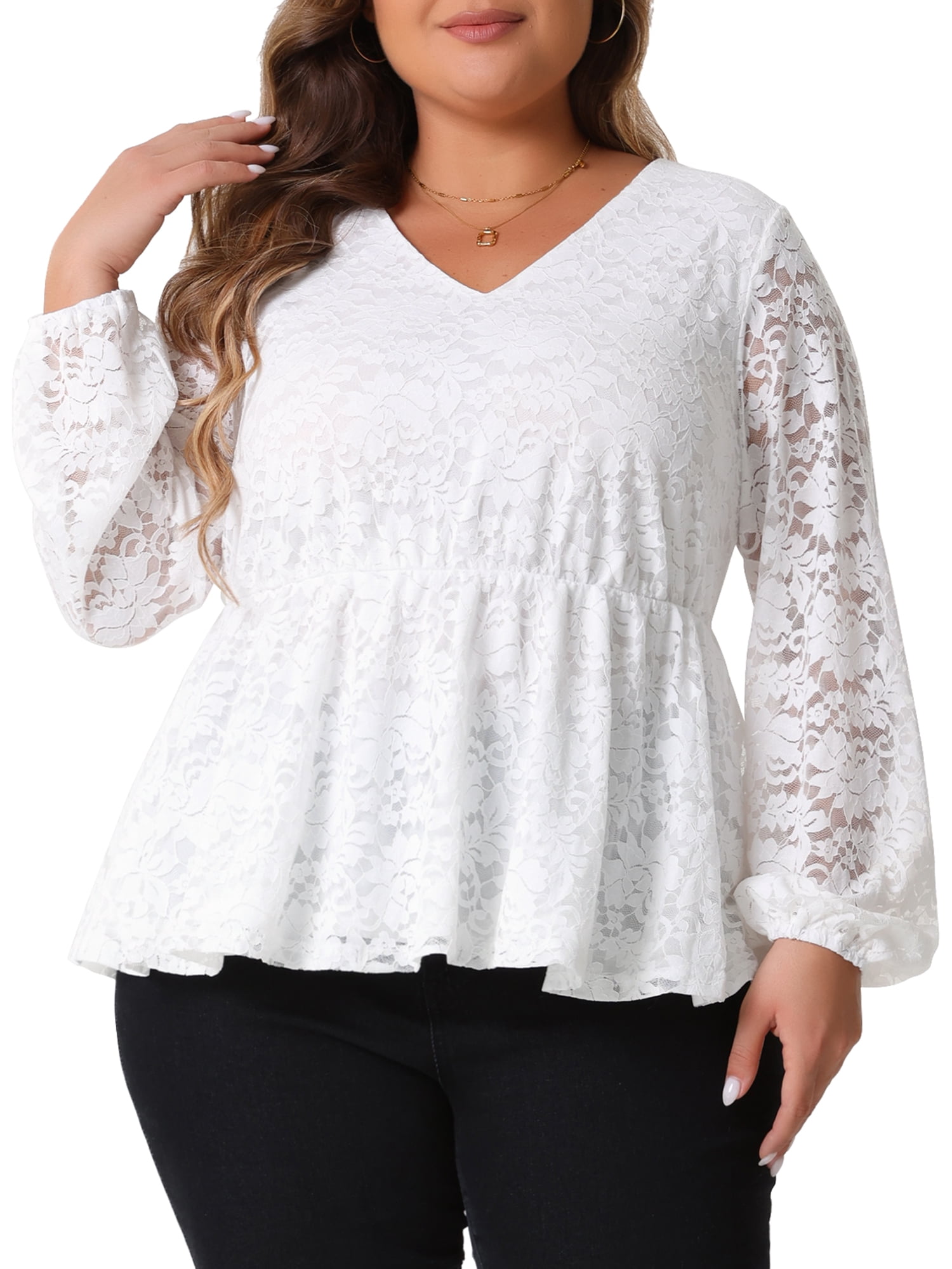 DARING DIVA Women's Plus Lace  V Neck Long Sleeve Floral Peplum Blouse 4X White