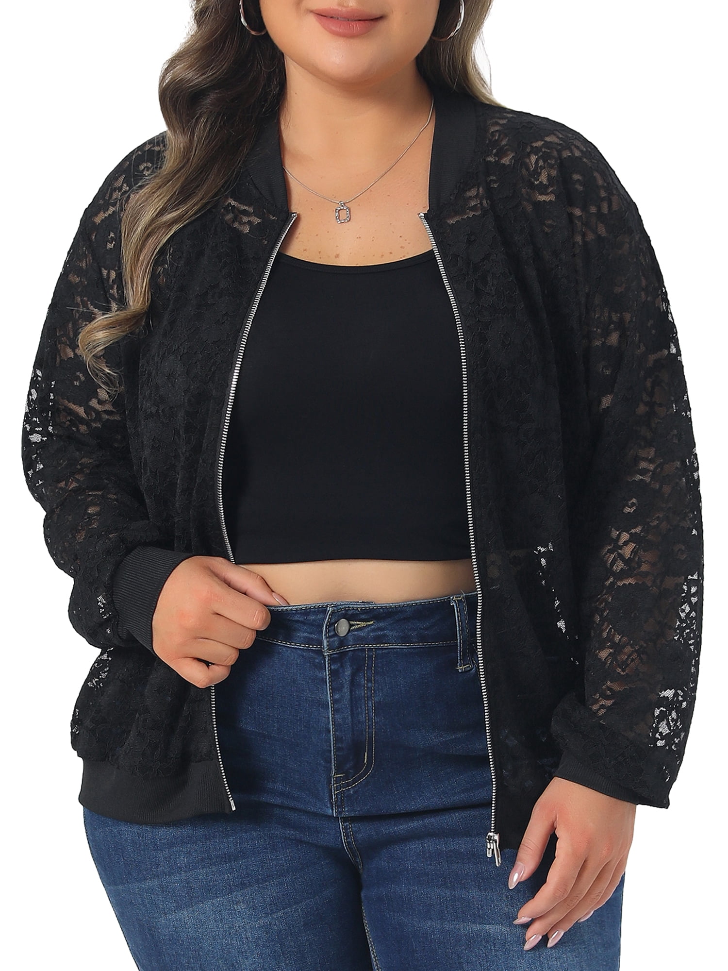 DARING DIVA Women's Plus Lace Zip Up Long Sleeve Lightweight 3X Black