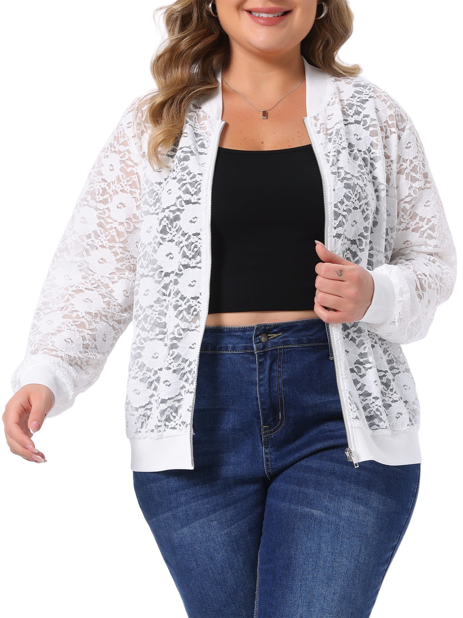 DARING DIVA Women's Plus Lace Zip Up Long Sleeve Lightweight 3X White