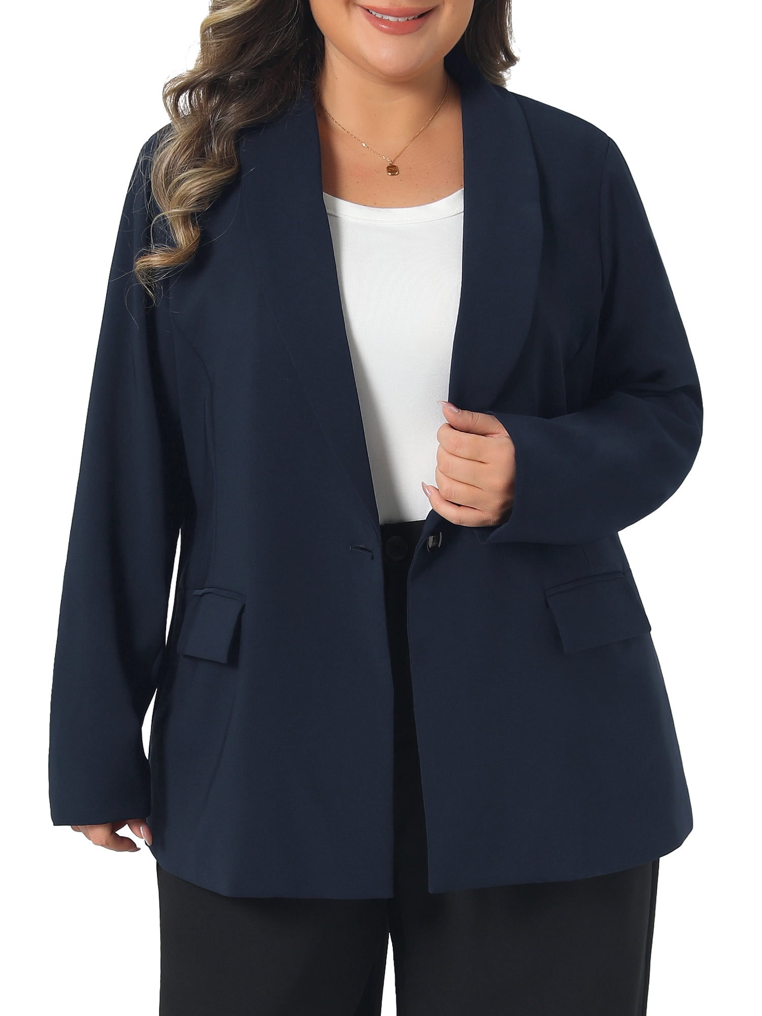 DARING DIVA Women's Plus Lapel Button Work Blazer 1X Dark Blue