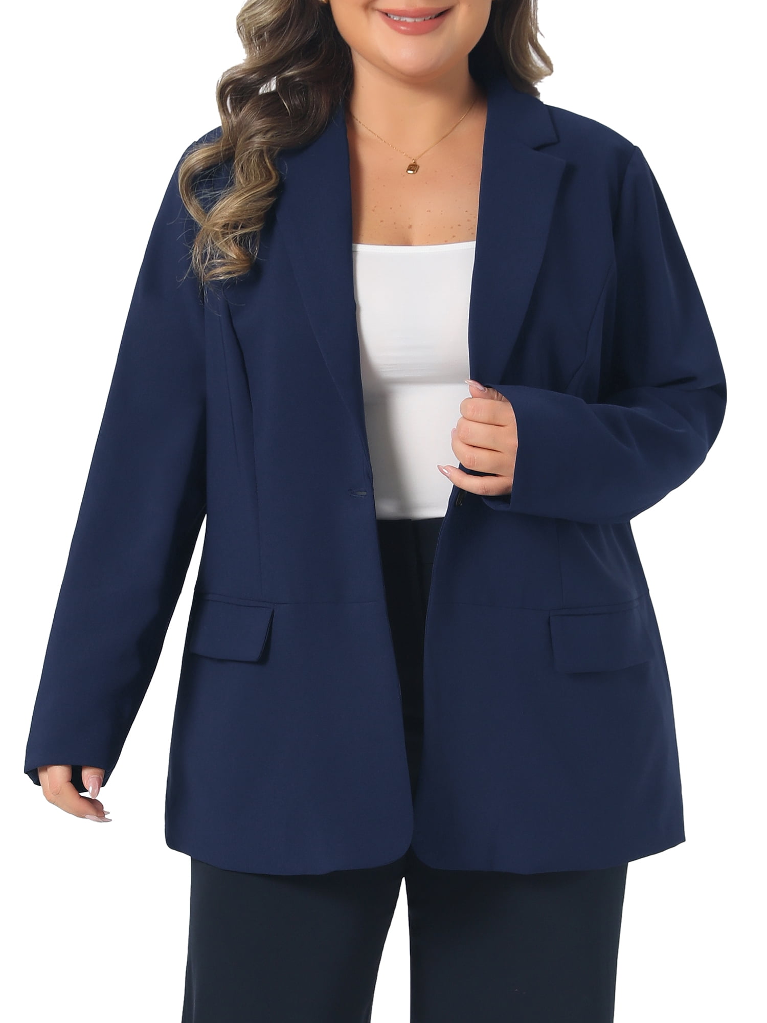 DARING DIVA Women's Plus Lapel Button Work Office Business Suit Jacket 1X Navy Blue
