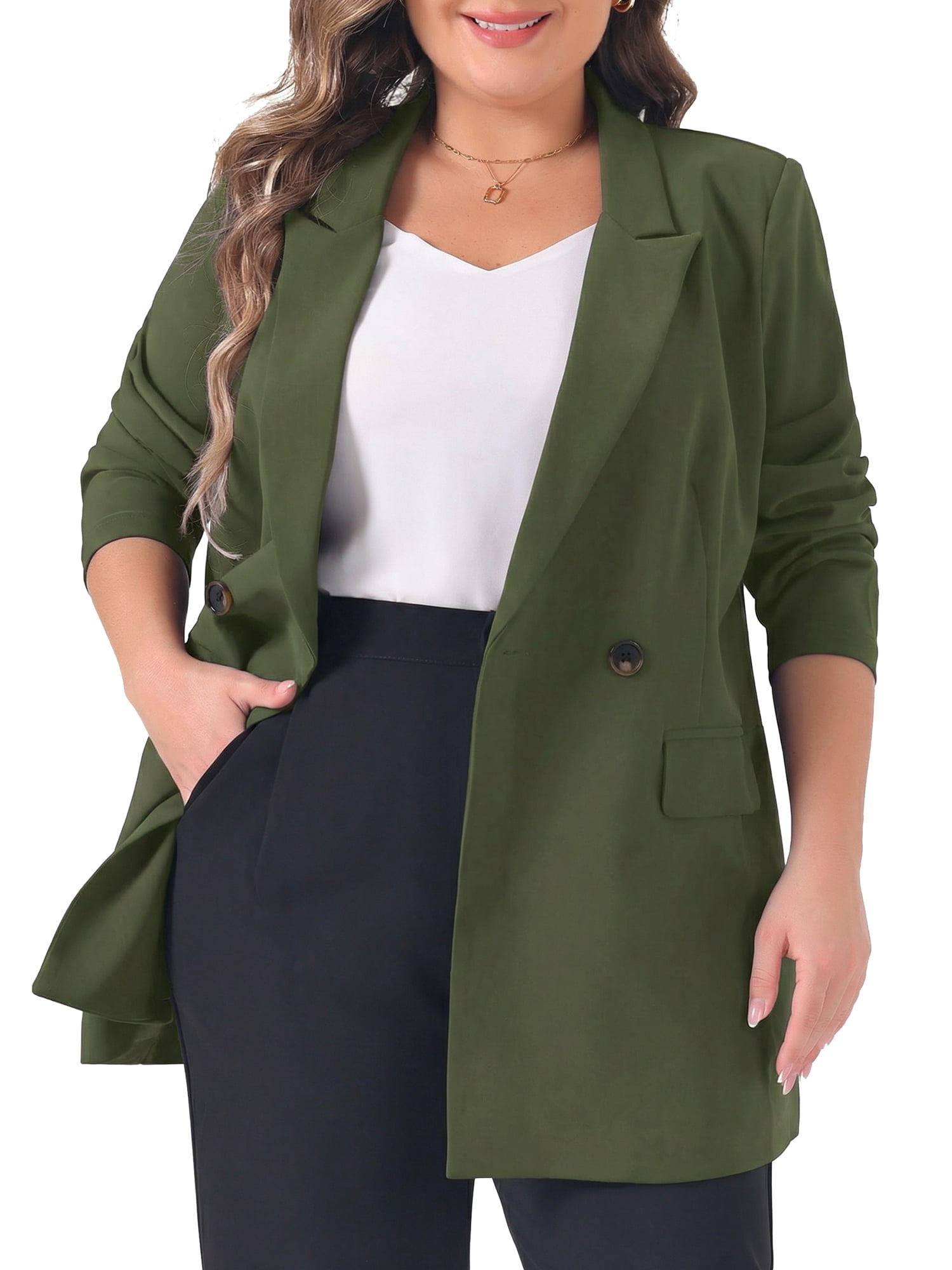 DARING DIVA Women's Plus Lapel Button with Pocket Jackets Long Blazer 1X Army Green