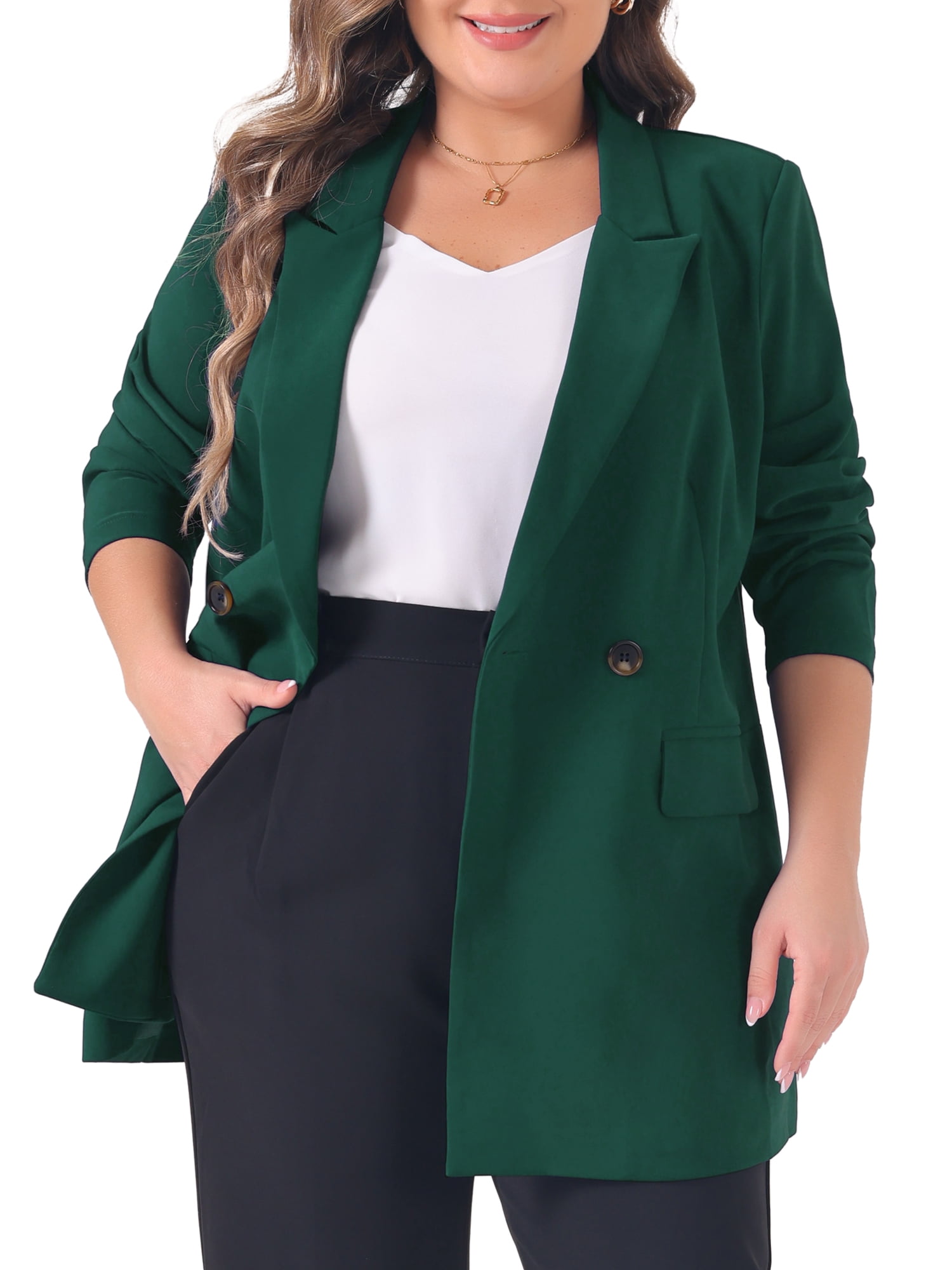DARING DIVA Women's Plus Lapel Button with Pocket Jackets Long Blazer 1X Dark Green