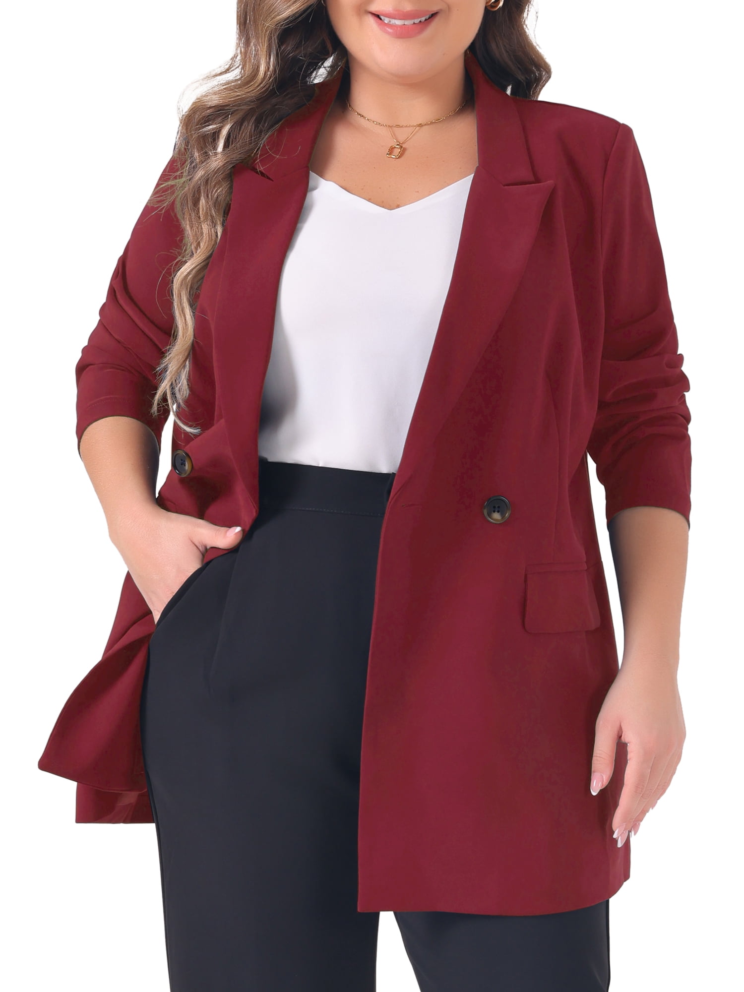 DARING DIVA Women's Plus Lapel Button with Pocket Jackets Long Blazer 2X Burgundy