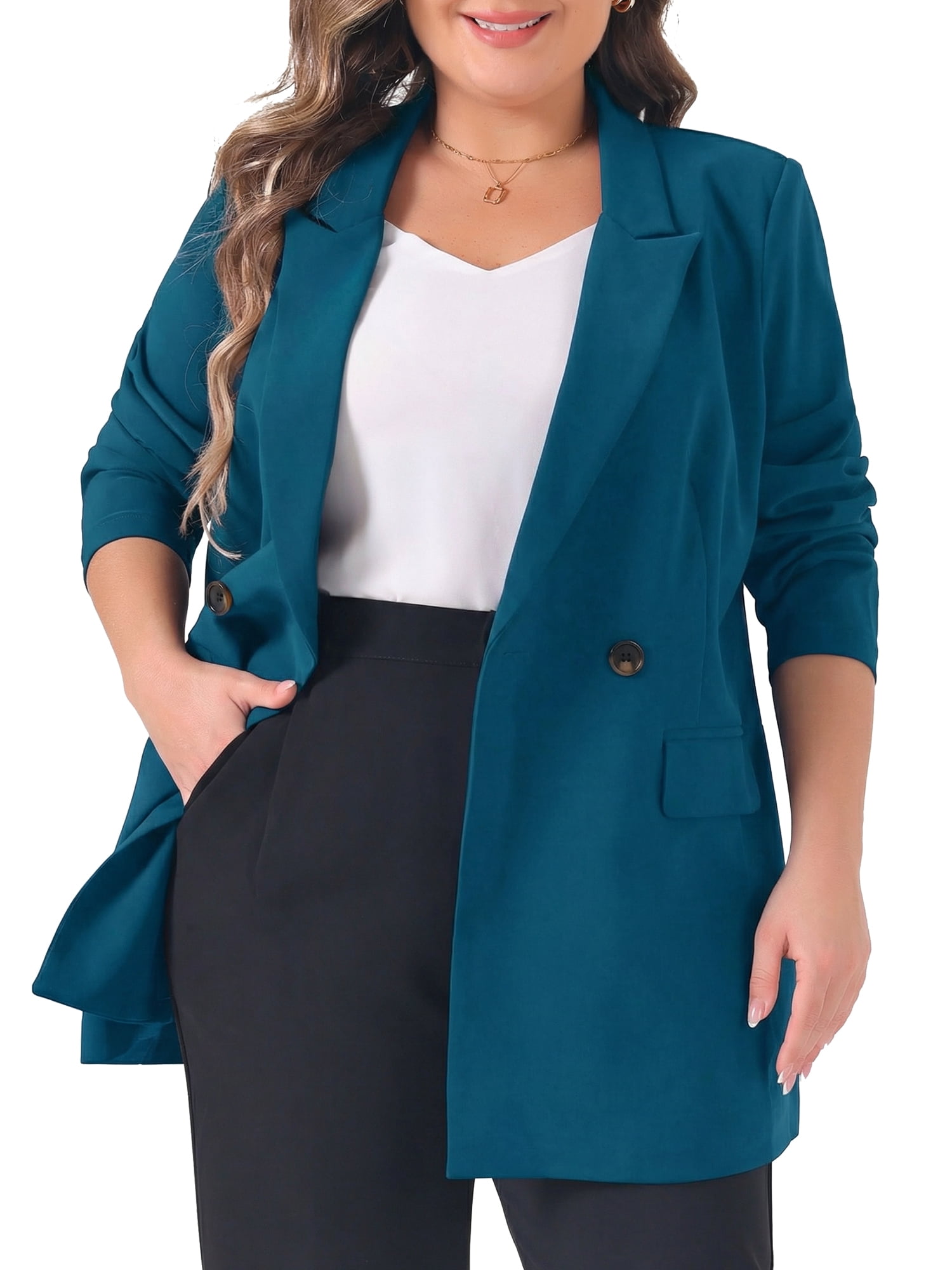 DARING DIVA Women's Plus Lapel Button with Pocket Jackets Long Blazer 2X Lake Blue