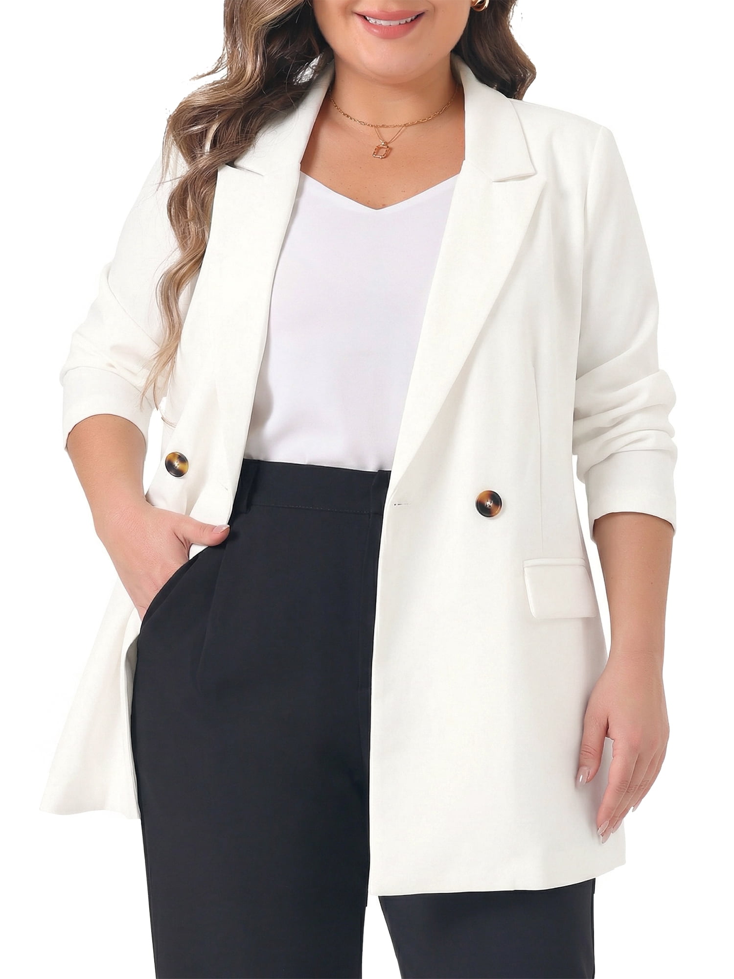 DARING DIVA Women's Plus Lapel Button with Pocket Jackets Long Blazer 2X White