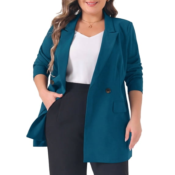 DARING DIVA Women's Plus Lapel Button with Pocket Jackets Long Blazer 3X Lake Blue