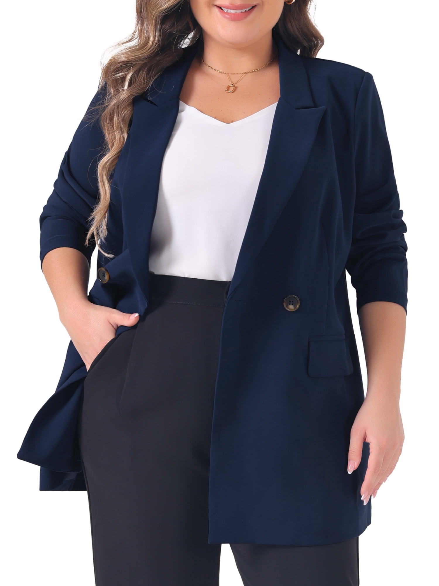 DARING DIVA Women's Plus Lapel Button with Pocket Jackets Long Blazer 5X Navy Blue