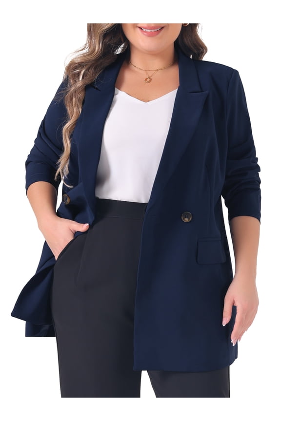 Women's Plus Lapel Button with Pocket Jackets Long Blazer Navy Blue 1X