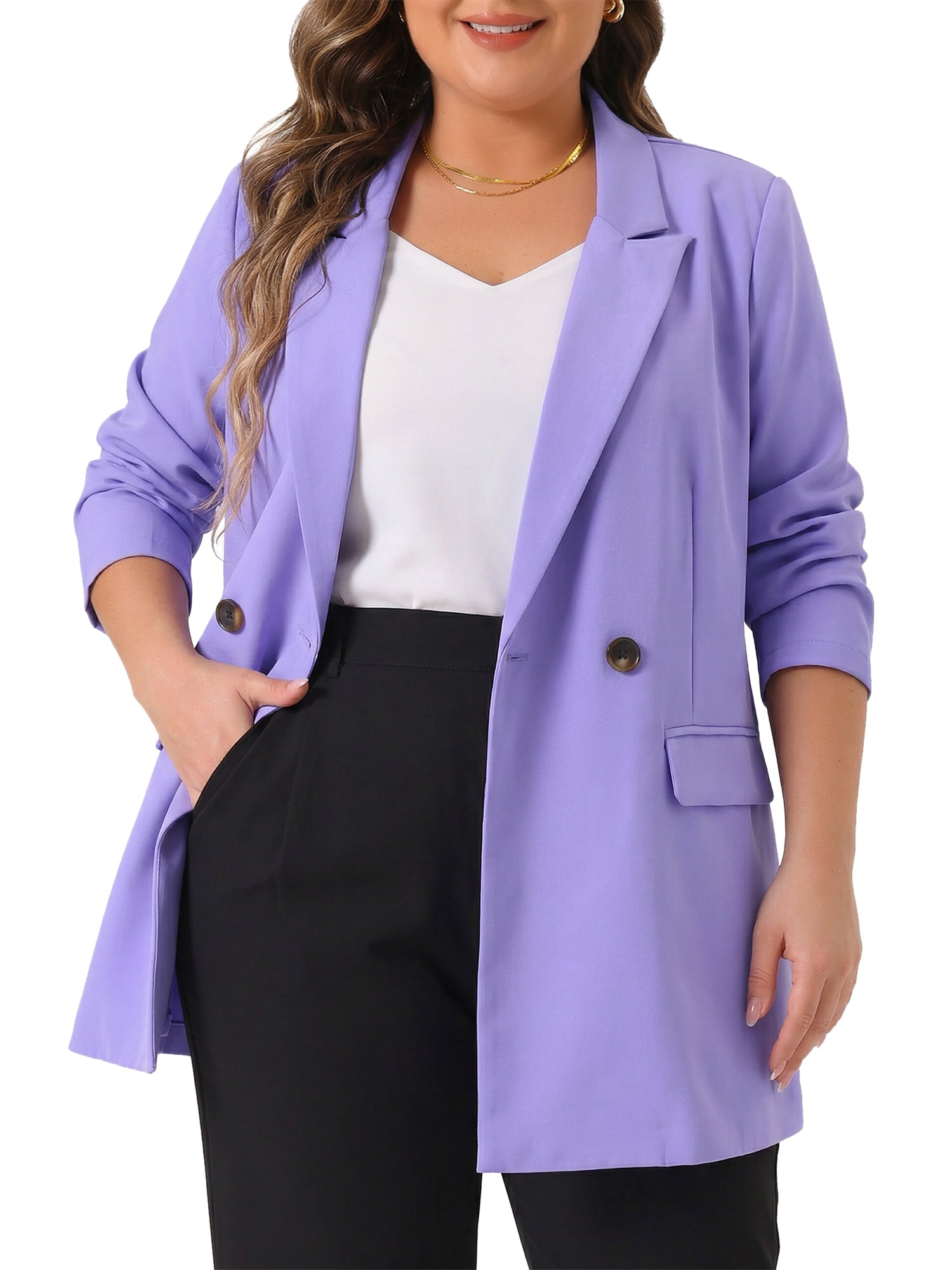 DARING DIVA Women's Plus Lapel Button with Pocket Jackets Long Blazer 1X Purple