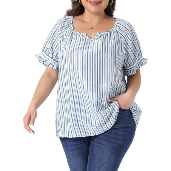 DARING DIVA Women's Plus Lined Notch V Neck Puff Stripes Shirt 1X Navy Blue