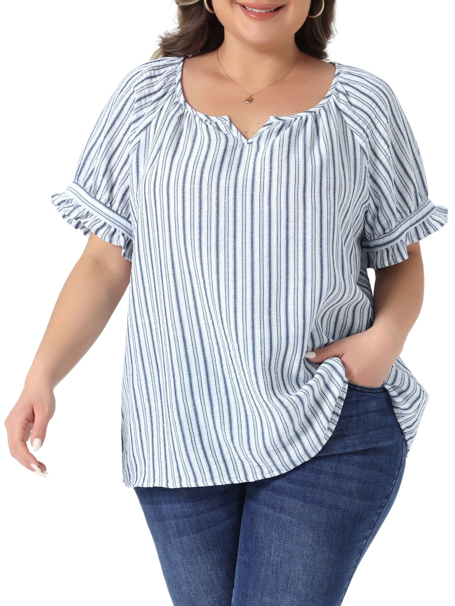 DARING DIVA Women's Plus Lined Notch V Neck Puff Stripes Shirt 4X Navy Blue