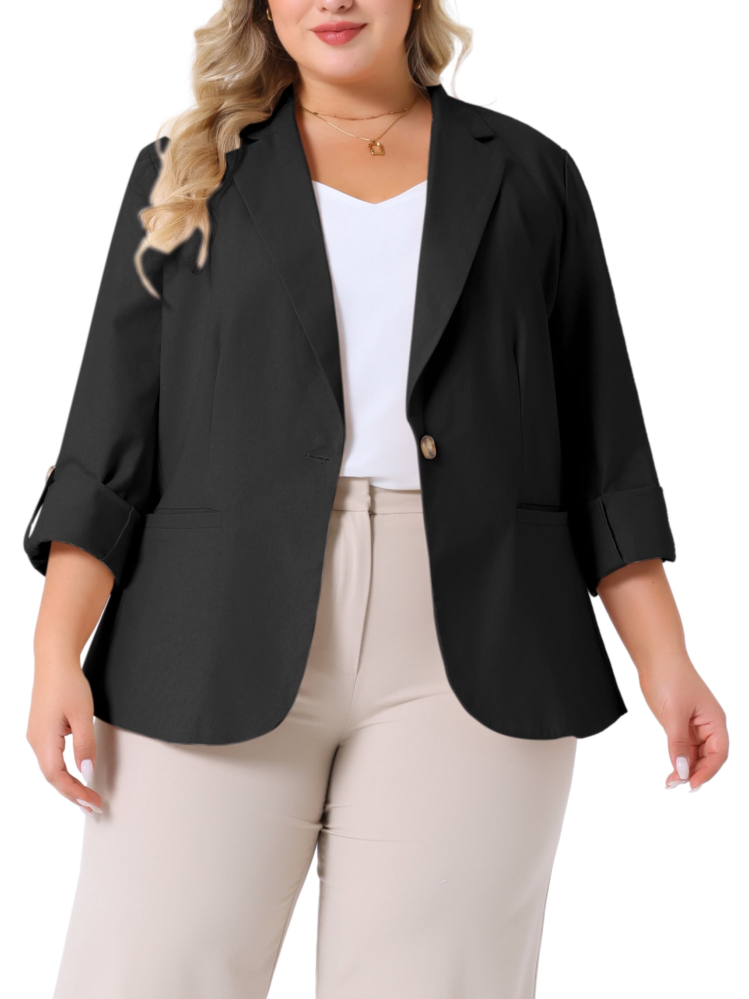 DARING DIVA Women's Plus Linen Cotton Blazer Work Suit Jacket 3X Black