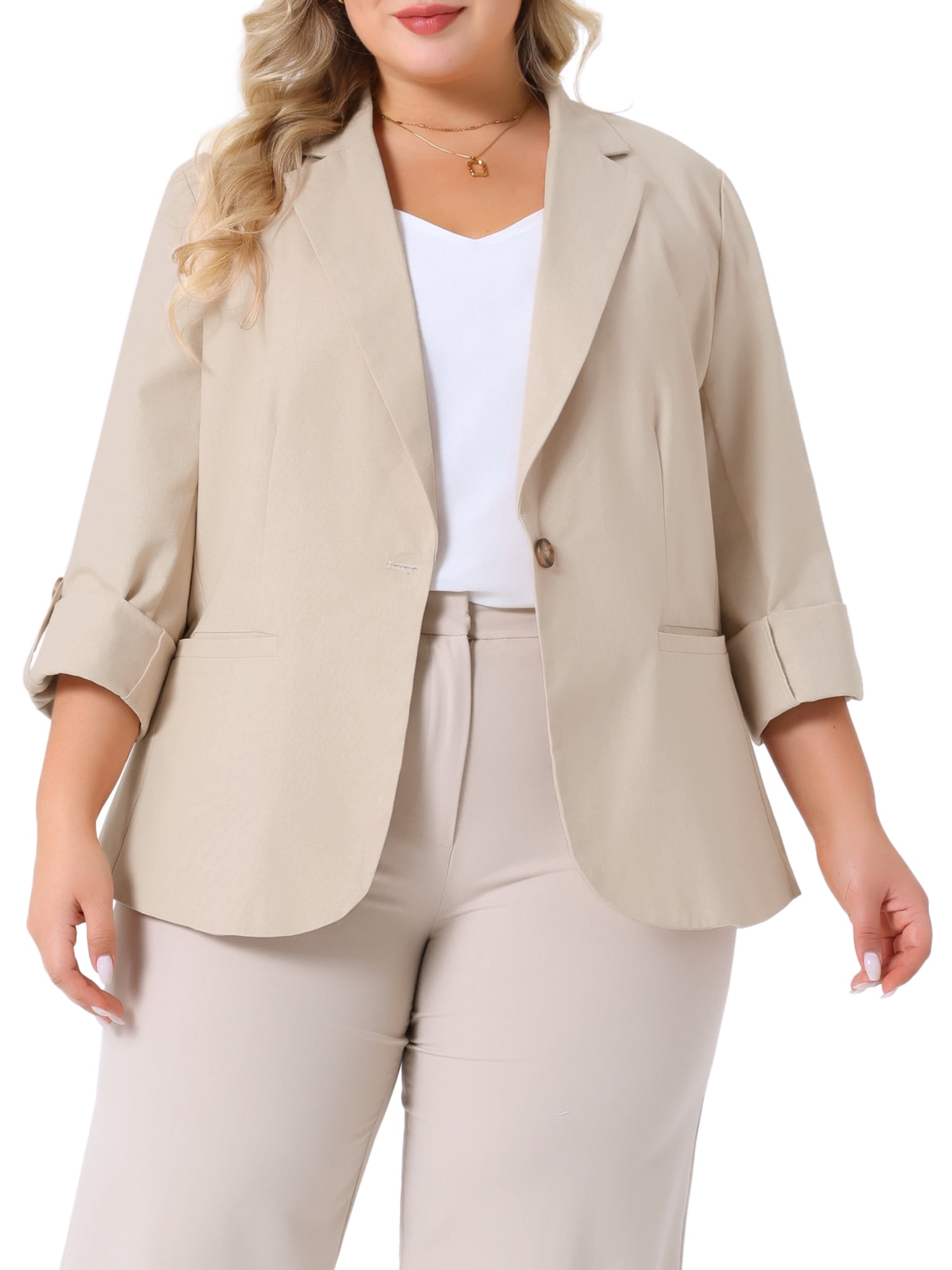 DARING DIVA Women's Plus Linen Cotton Blazer Work Suit Jacket 1X Beige