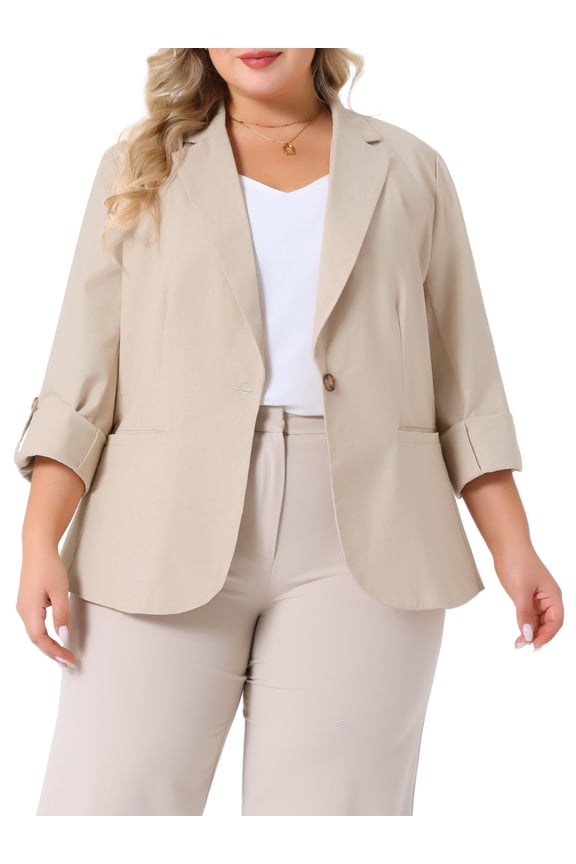 Women's Plus Linen Cotton Blazer Work Suit Jacket Beige 1X