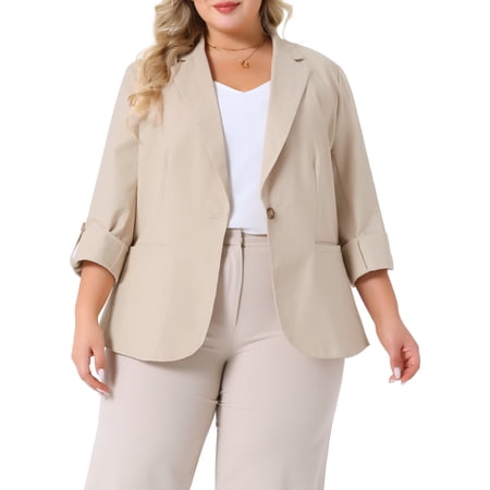 DARING DIVA Women's Plus Linen Cotton Blazer Work Suit Jacket 2X Beige