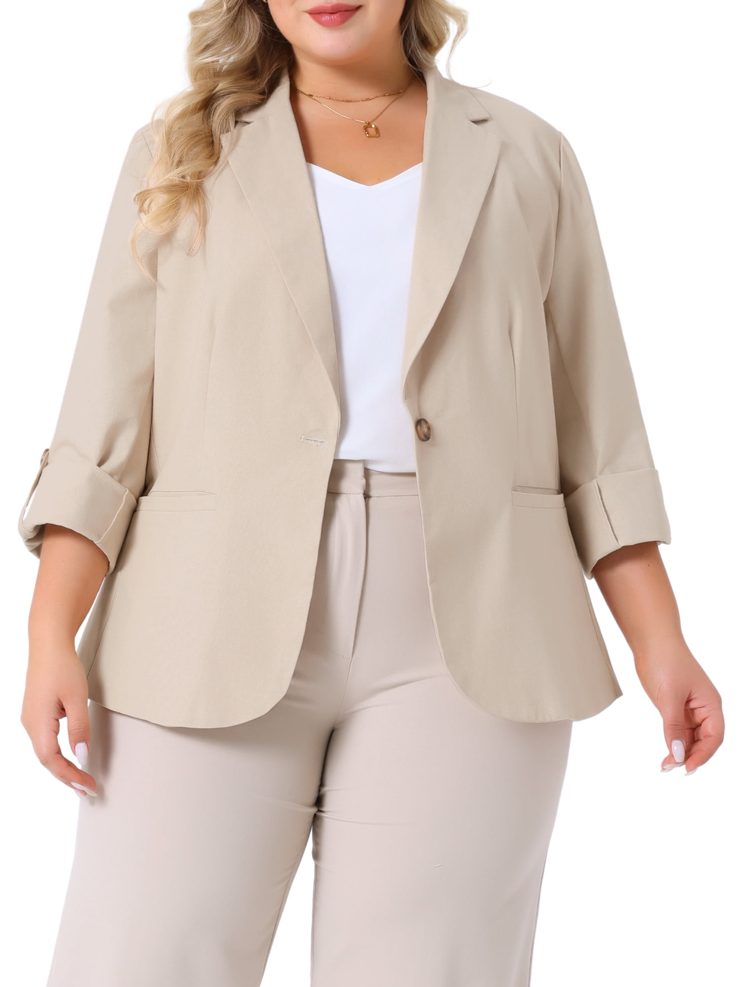 DARING DIVA Women's Plus Linen Cotton Blazer Work Suit Jacket 4X Beige
