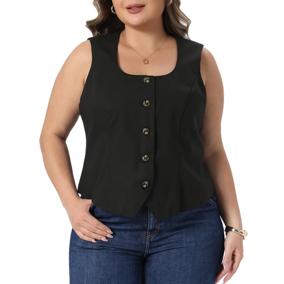 DARING DIVA Women's Plus Linen Vest Sleeveless Lined Waistcoat Top 1X Black