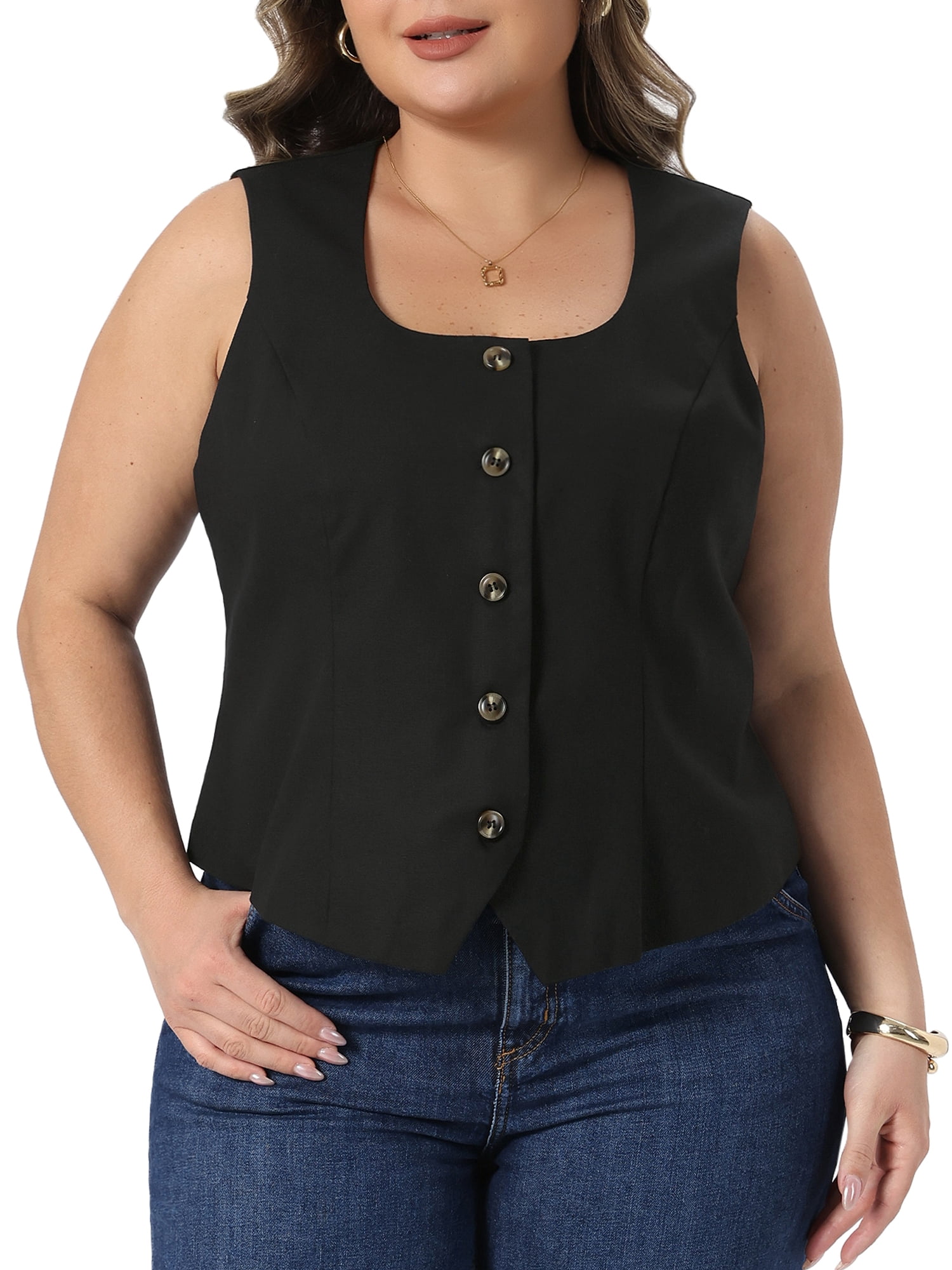 DARING DIVA Women's Plus Linen Vest Sleeveless Lined Waistcoat Top 4X Black