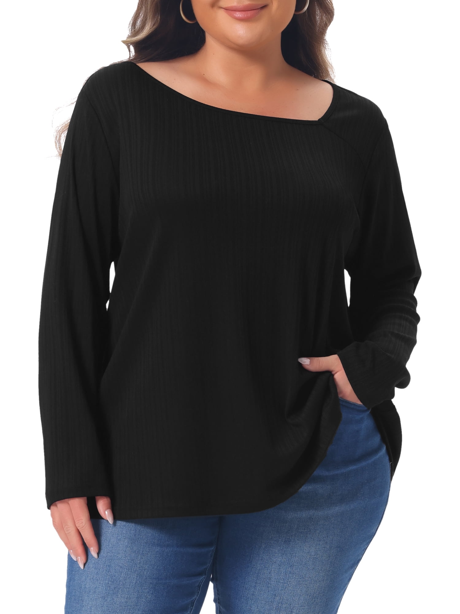 DARING DIVA Women's Plus Long Sleeve Asymmetrical Neckline 3X Black