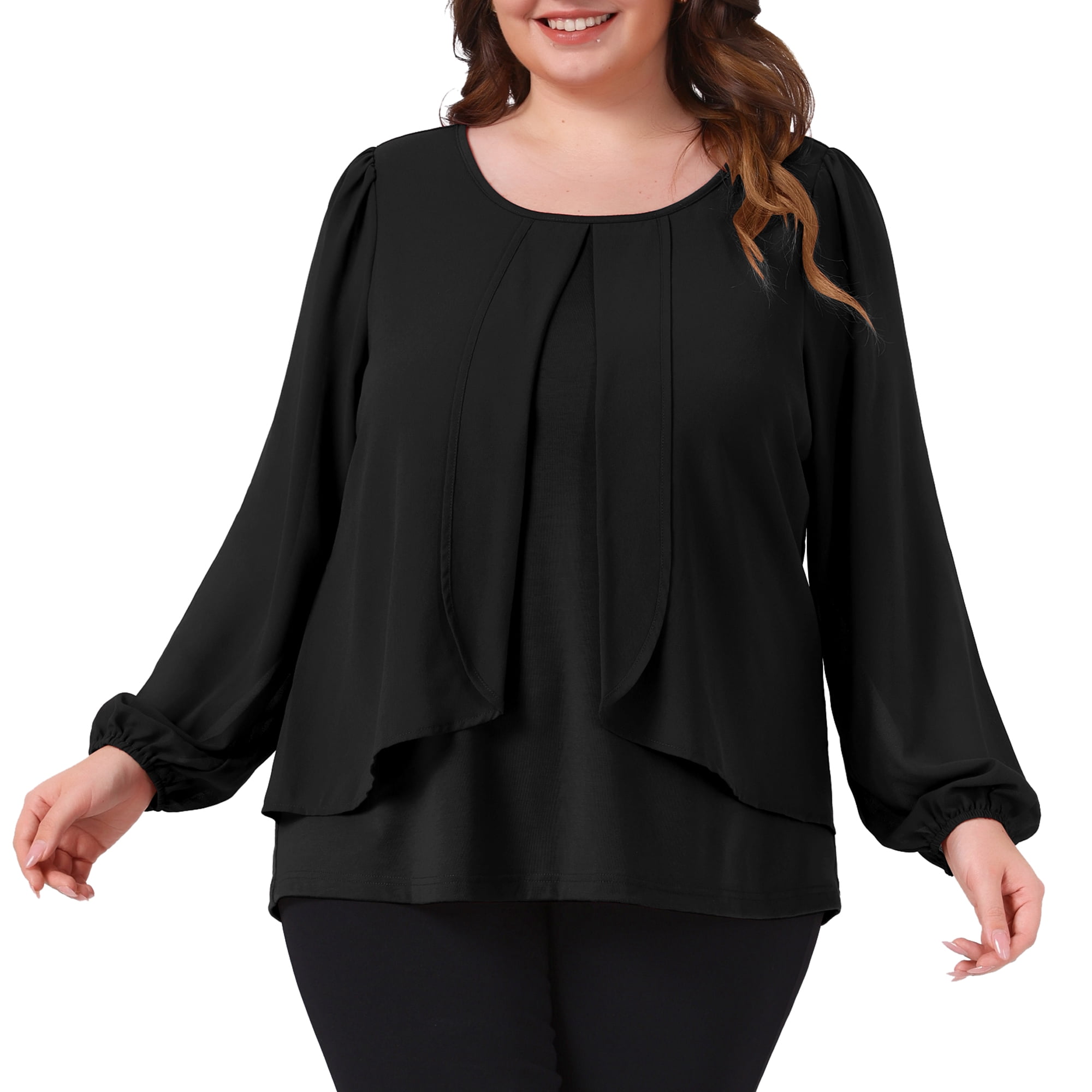 DARING DIVA Women's Plus Long Sleeve Blouse Dressy Work Shirts 1X Black