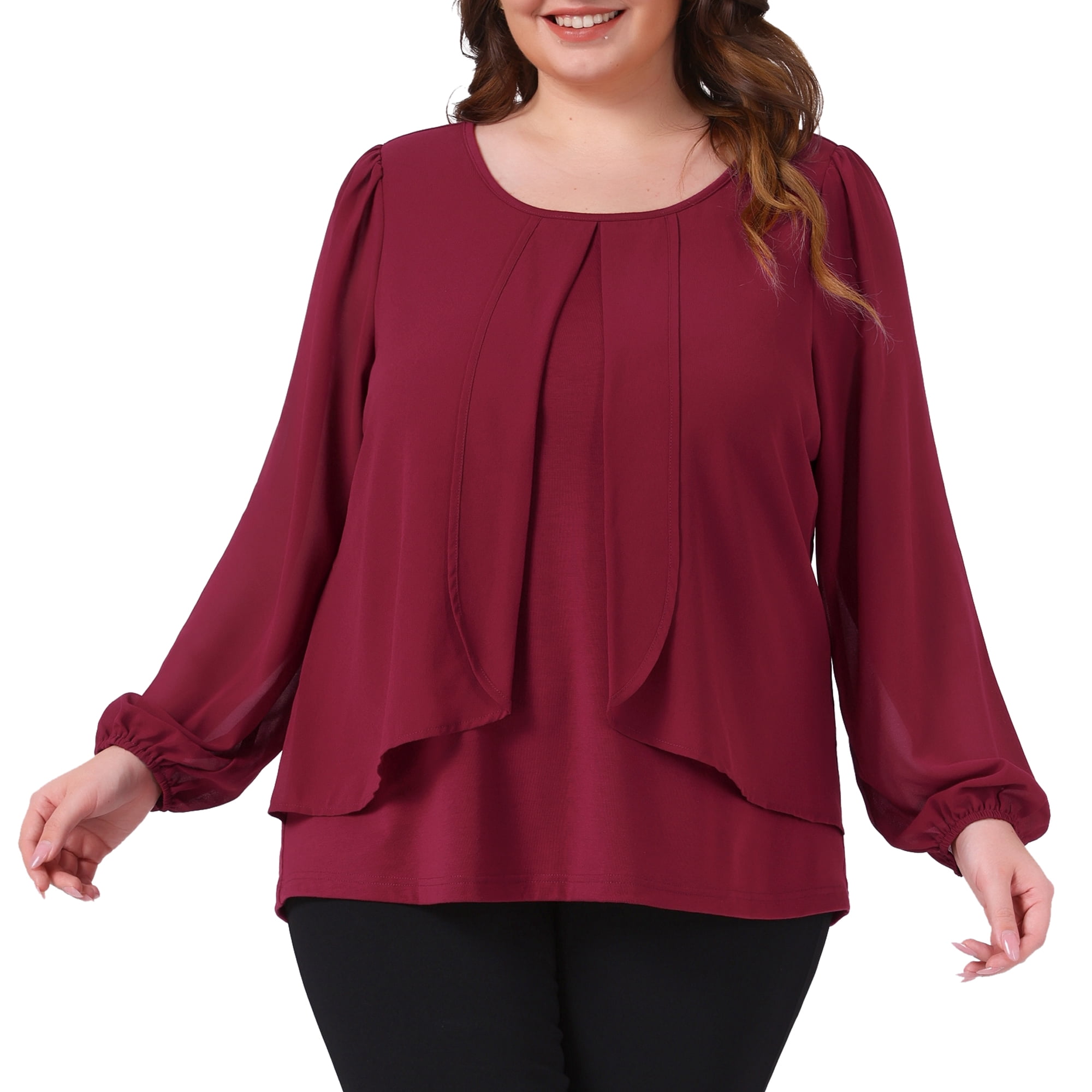 DARING DIVA Women's Plus Long Sleeve Blouse Dressy Work Shirts 1X Burgundy