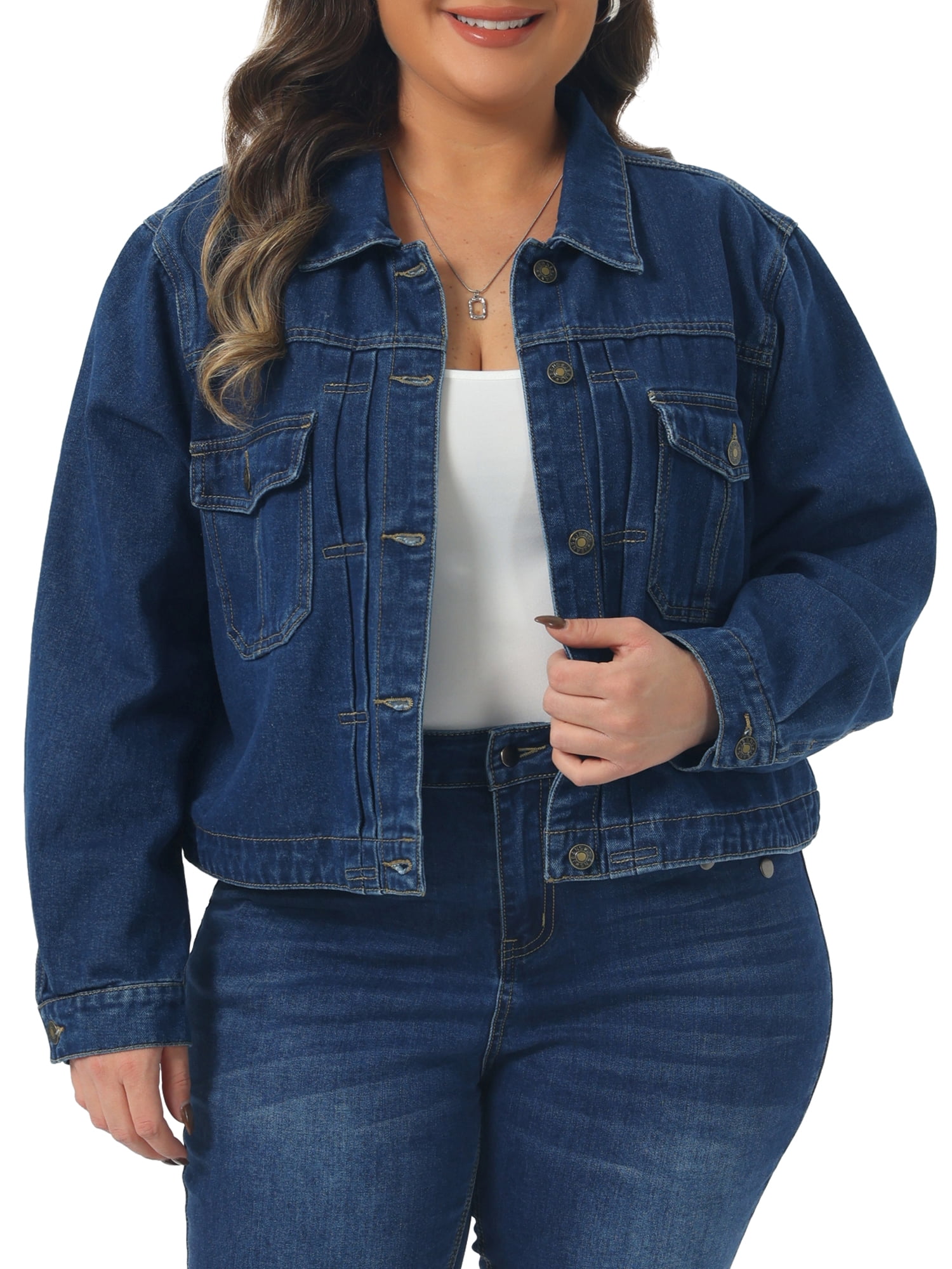 DARING DIVA Women's Plus Long Sleeve Button Down Jean Jackets 1X Dark Blue