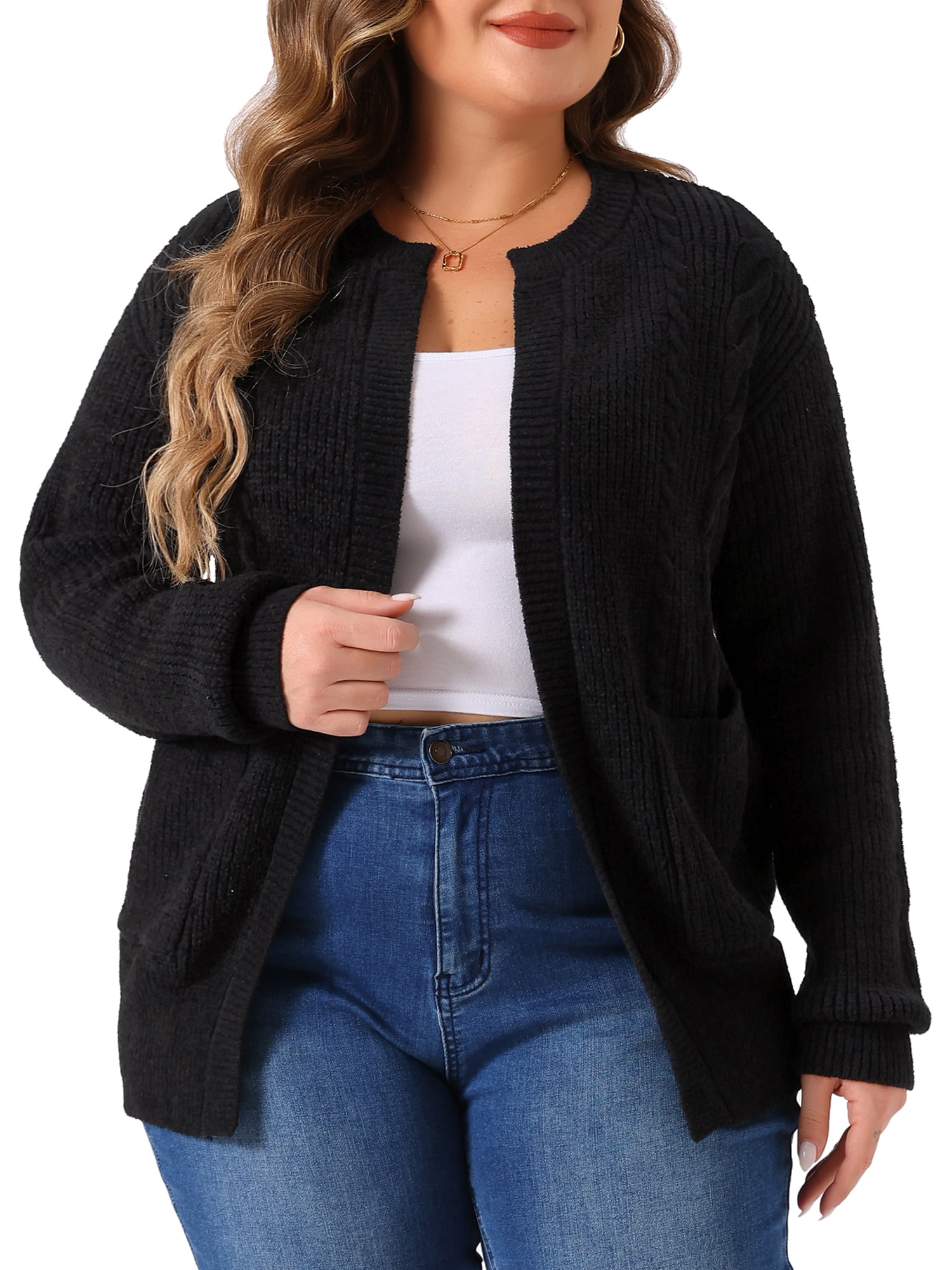 DARING DIVA Women's Plus Long Sleeve Crew Neck Knit Cardigans 2X Black