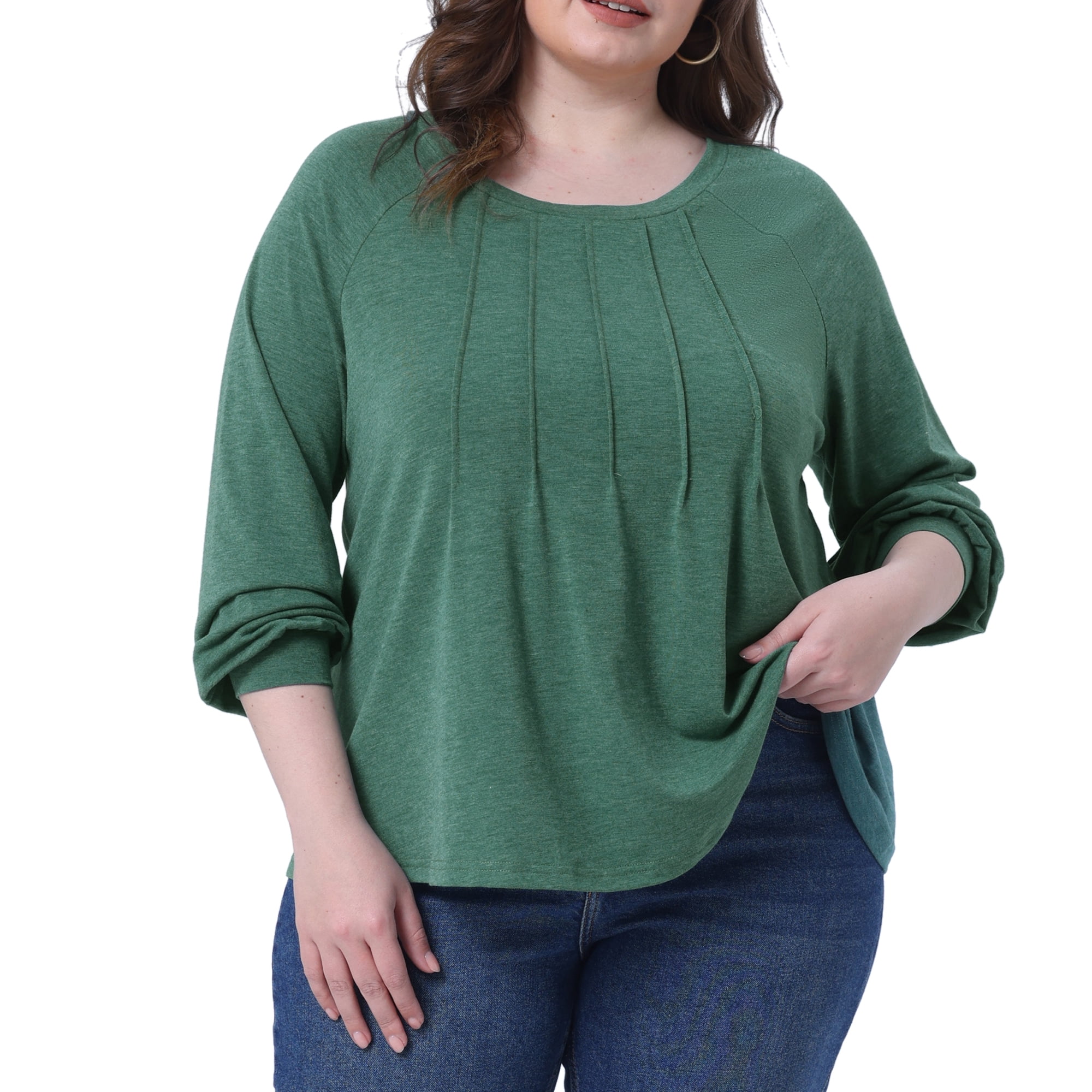 DARING DIVA Women's Plus Tunic Crew Neck Pleated Casual Blouse 1X Green