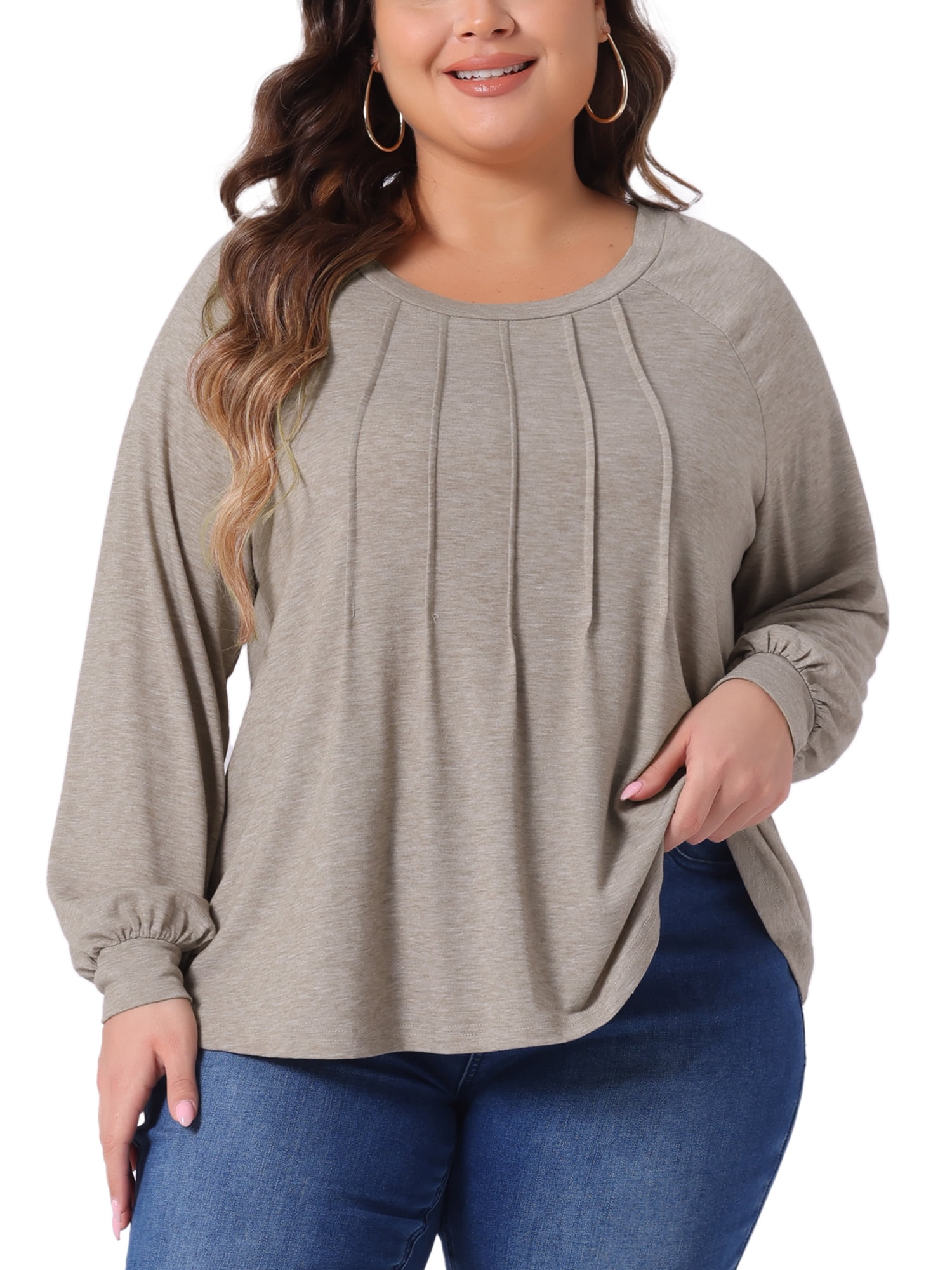 DARING DIVA Women's Plus Tunic Crew Neck Pleated Casual Blouse 1X Light Khaki