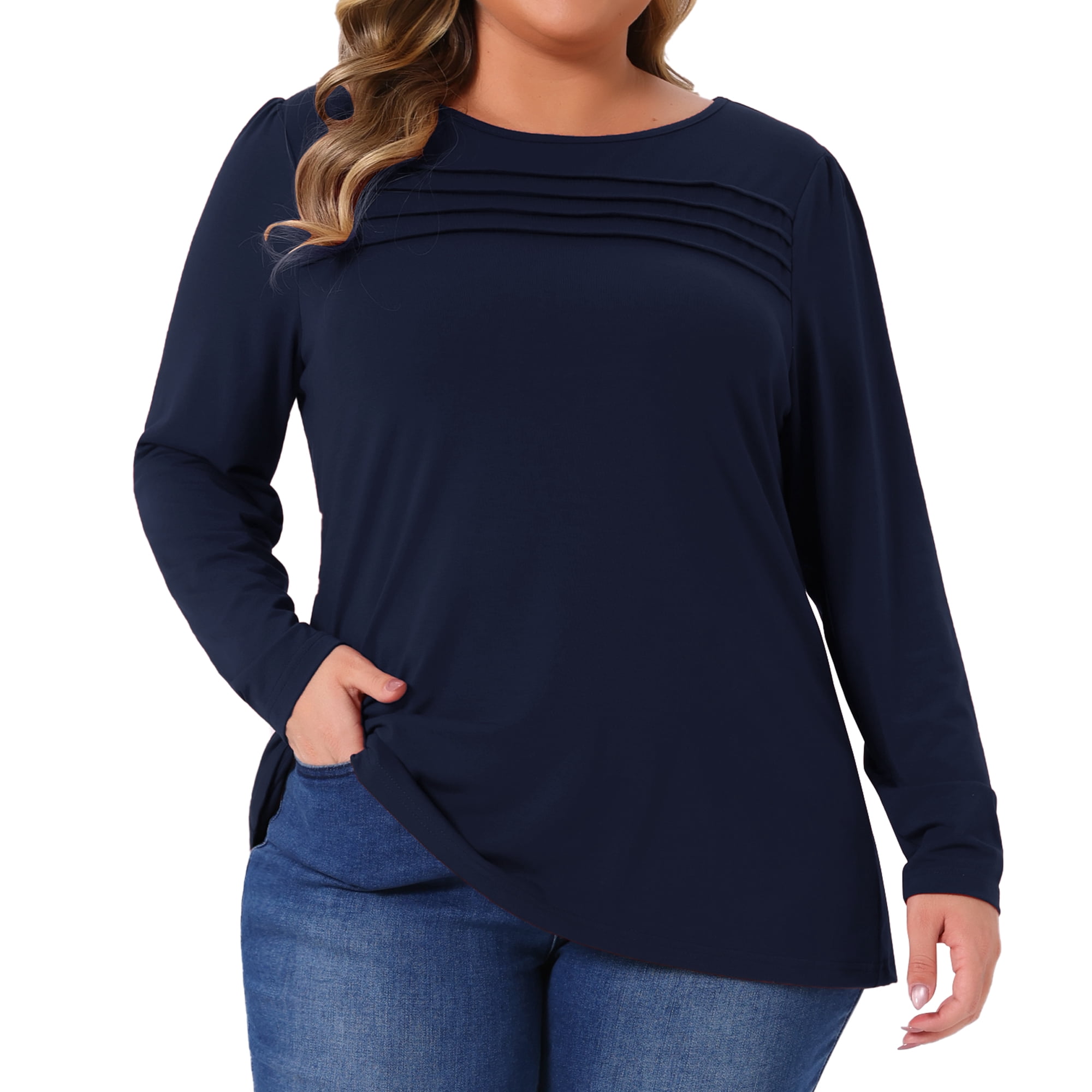 DARING DIVA Women's Plus Crew Neck T Shirt with Front Tucks 4X Navy Blue