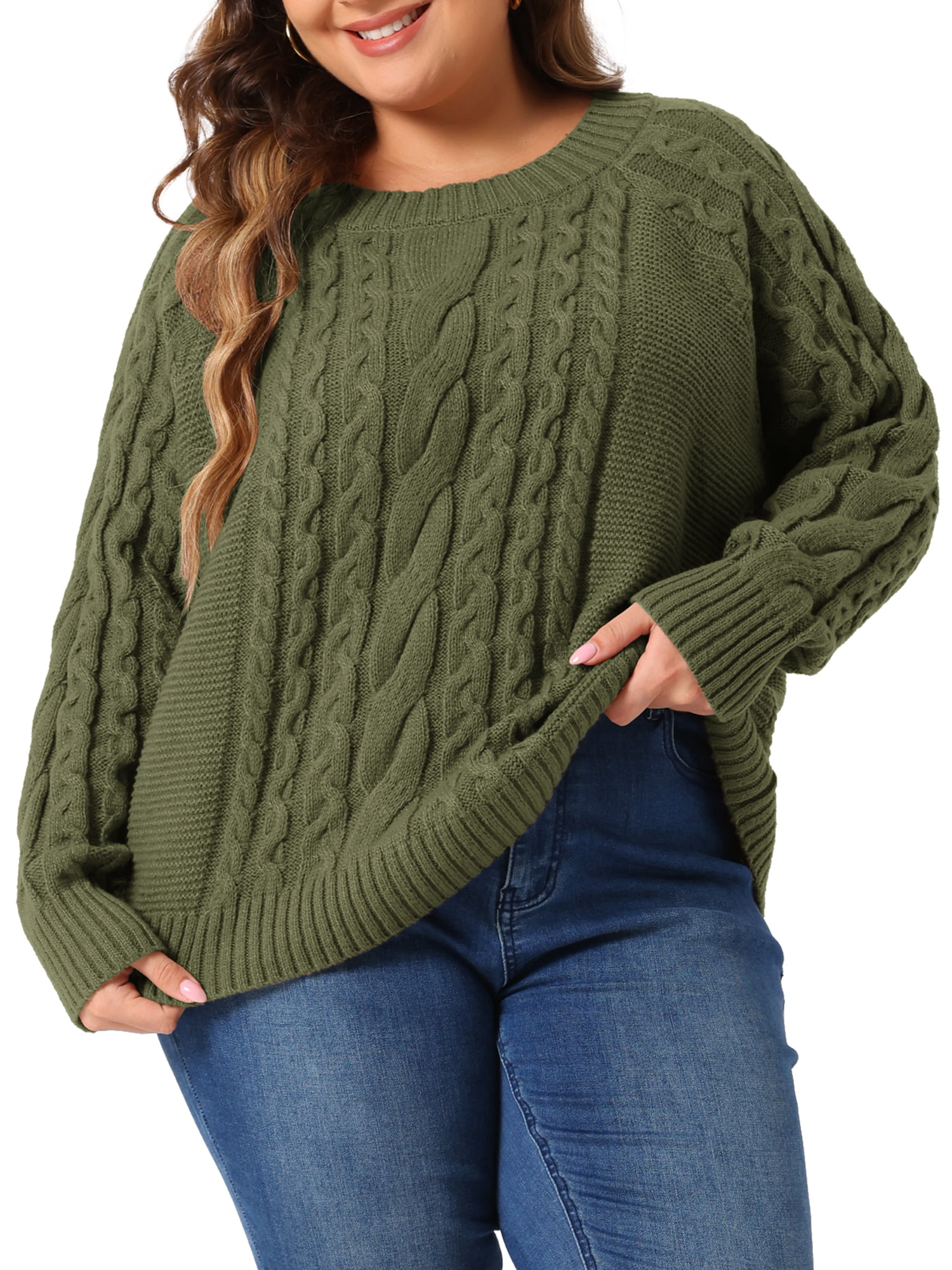 DARING DIVA Women's Plus Long Sleeve Crewneck Fisherman Cable Sweater 3X Army Green