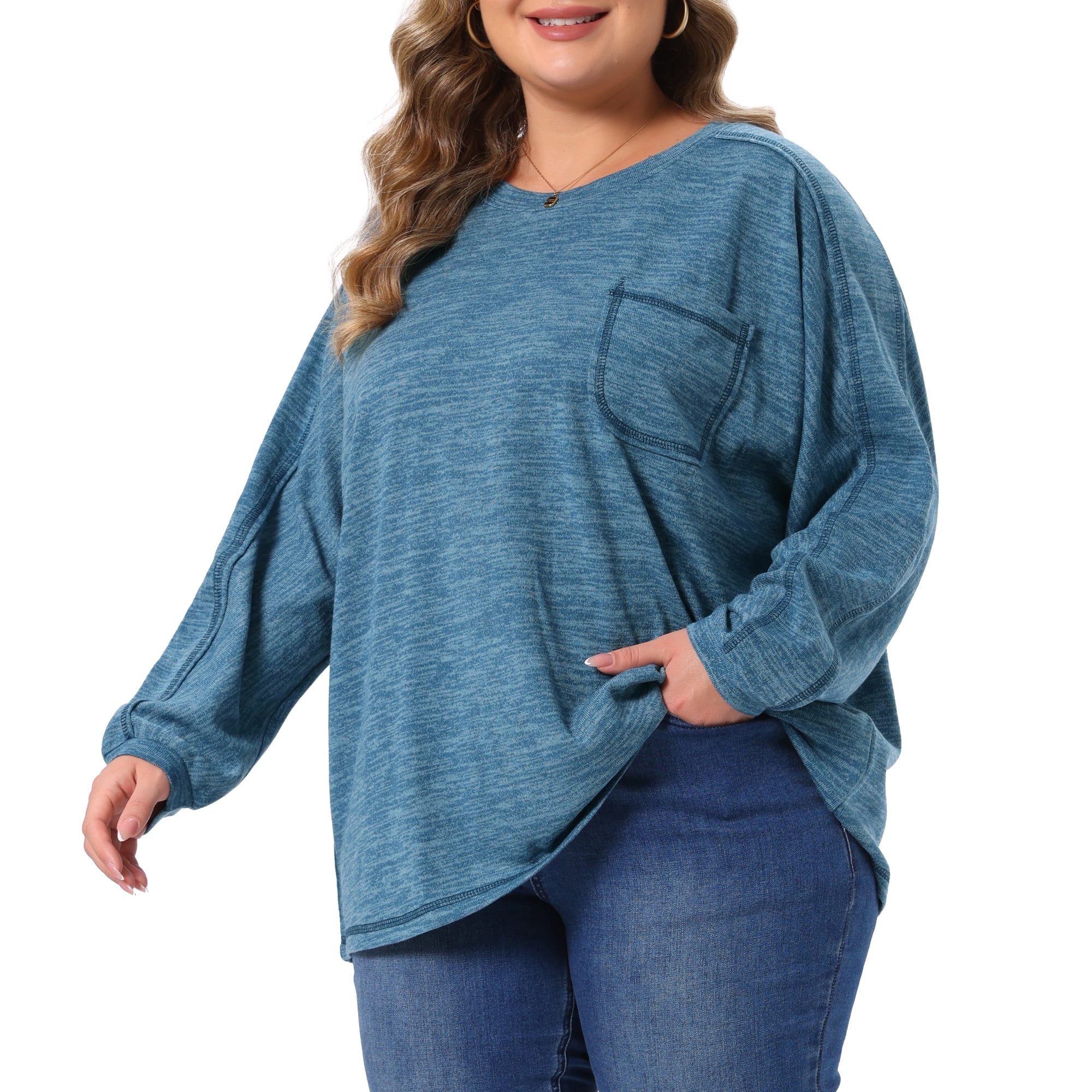 DARING DIVA Women's Plus Long Sleeve Crewneck Pullover Casual Blouses 4X Gray Blue