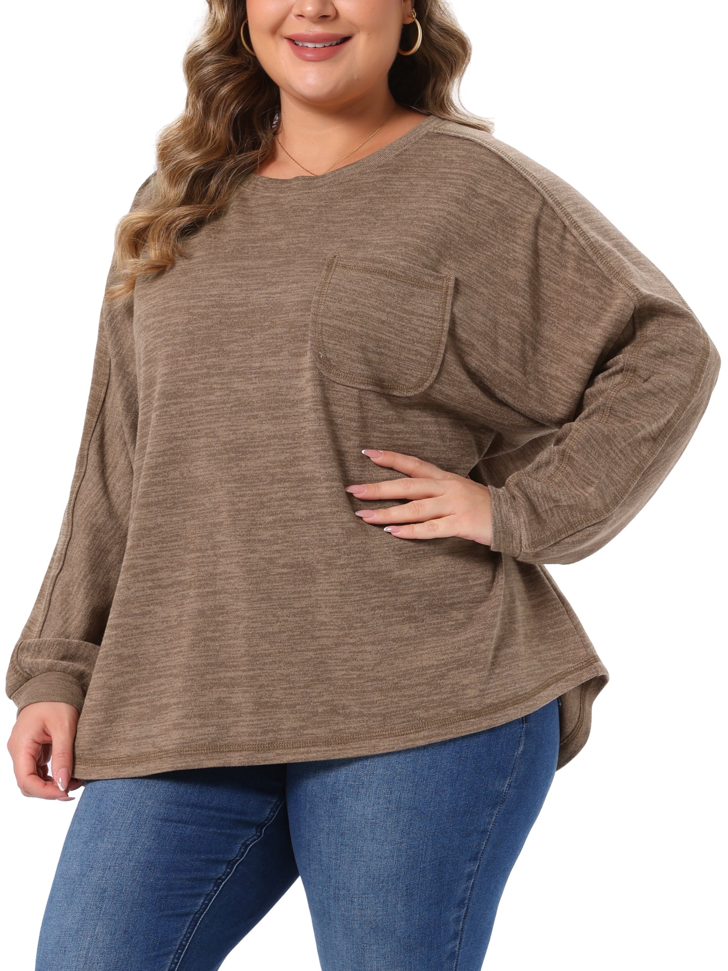 DARING DIVA Women's Plus Long Sleeve Crewneck Pullover Casual Blouses 4X Light Brown