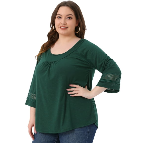 DARING DIVA Women's Plus Long Sleeve Crochet Panel Blouse 2X Dark Green