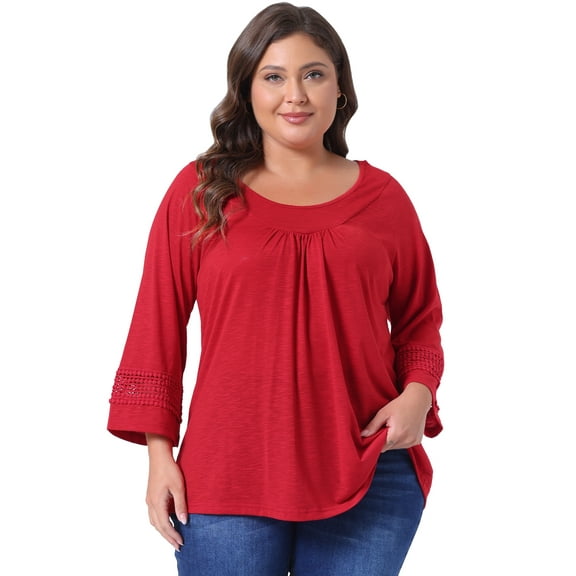 DARING DIVA Women's Plus Long Sleeve Crochet Panel Blouse 3X Red