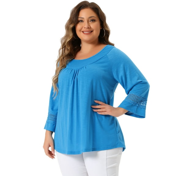 DARING DIVA Women's Plus Long Sleeve Crochet Panel Blouse 4X Sky Blue