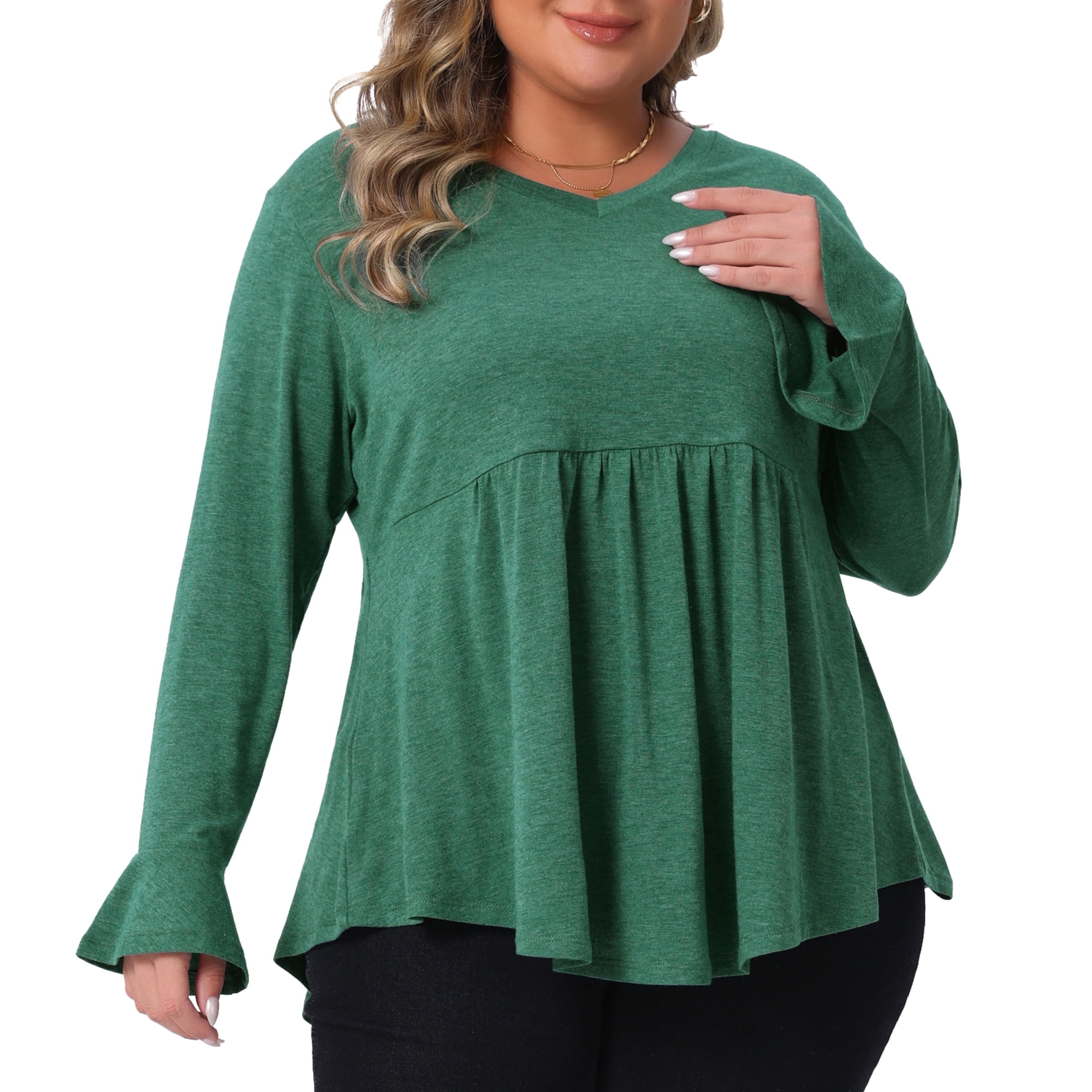 Women's Plus Long Sleeve Shirts Flared Sleeves Pullover Dressy Casual Peplum Tops 1X Green