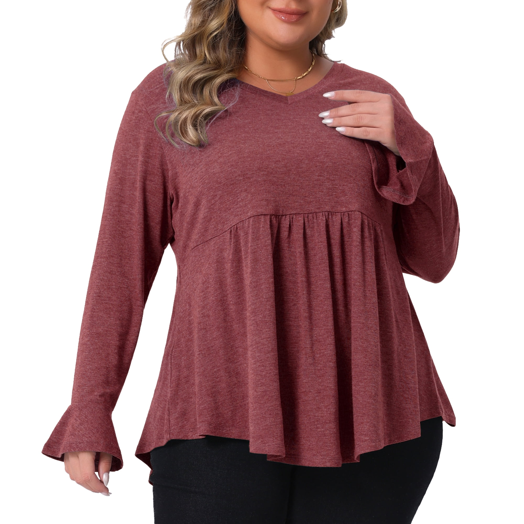 Women's Plus Long Sleeve Shirts Flared Sleeves Pullover Dressy Casual Peplum Tops 4X Burgundy