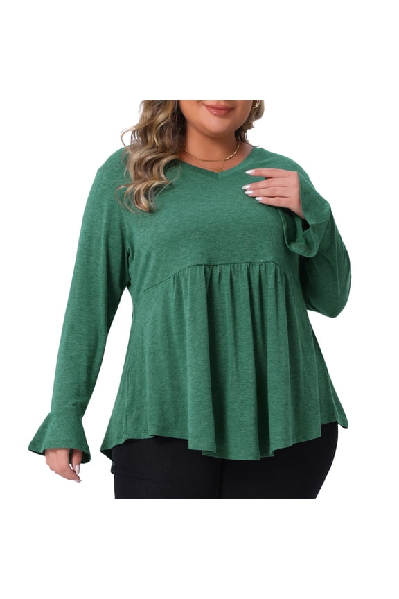 Women's Plus Long Sleeve Flared Sleeves Peplum Top 4X Green