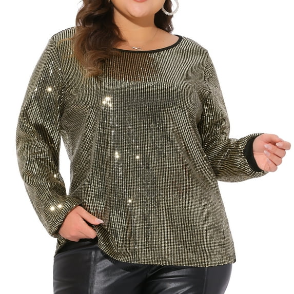 DARING DIVA Women's Plus Long Sleeve Glitter Sparkly Blouse 1X Gold